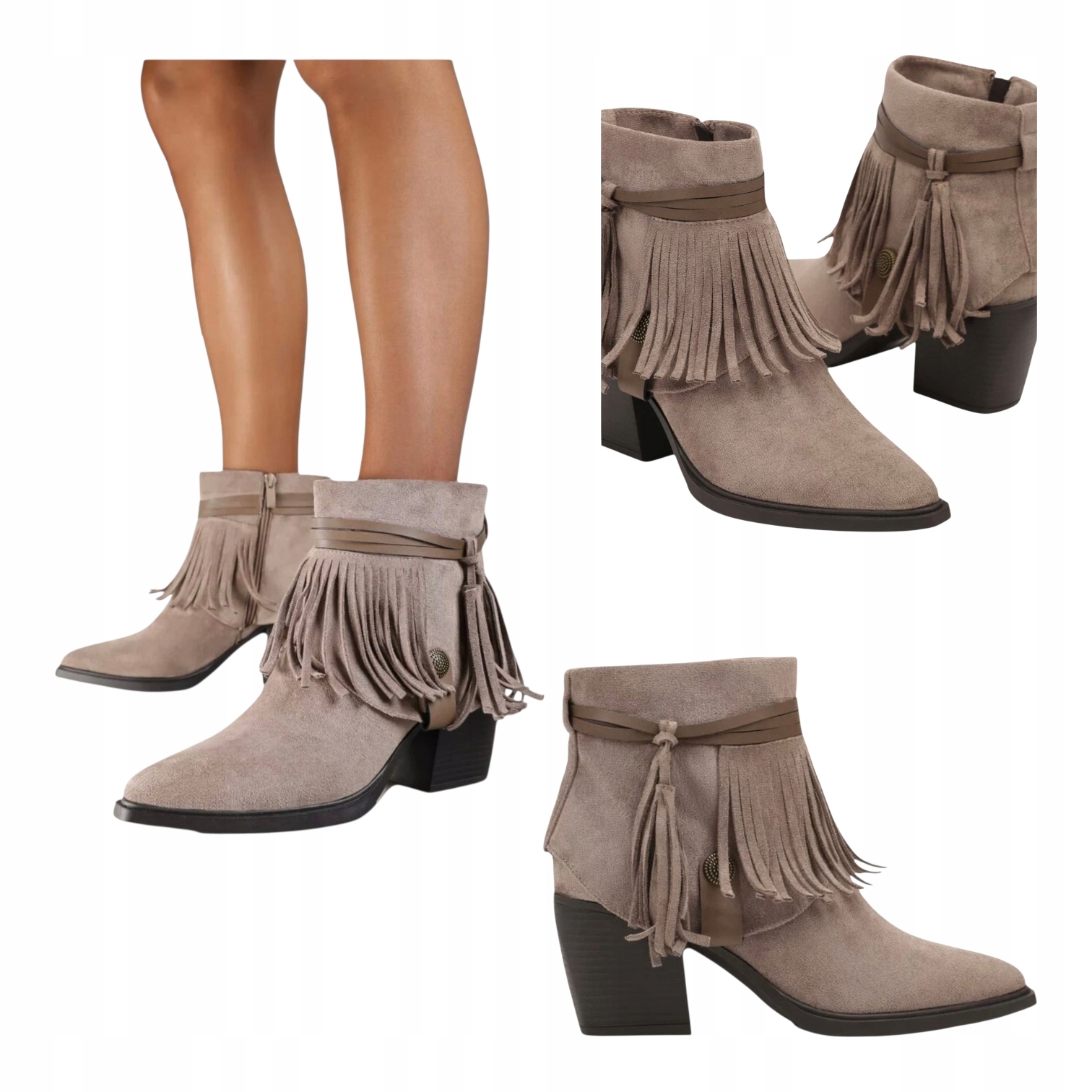 Dámské Kotníkové Boty na podpatku Kovbojské Boty s třásněmi Kožené Semišové Béžové, velikost 40