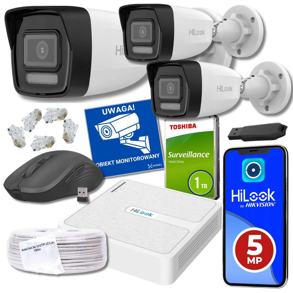 Zestaw monitoringu IP na 3 kamery PoE DETEKCJA AI 4MP IPCAM-B4-30DL HiLook