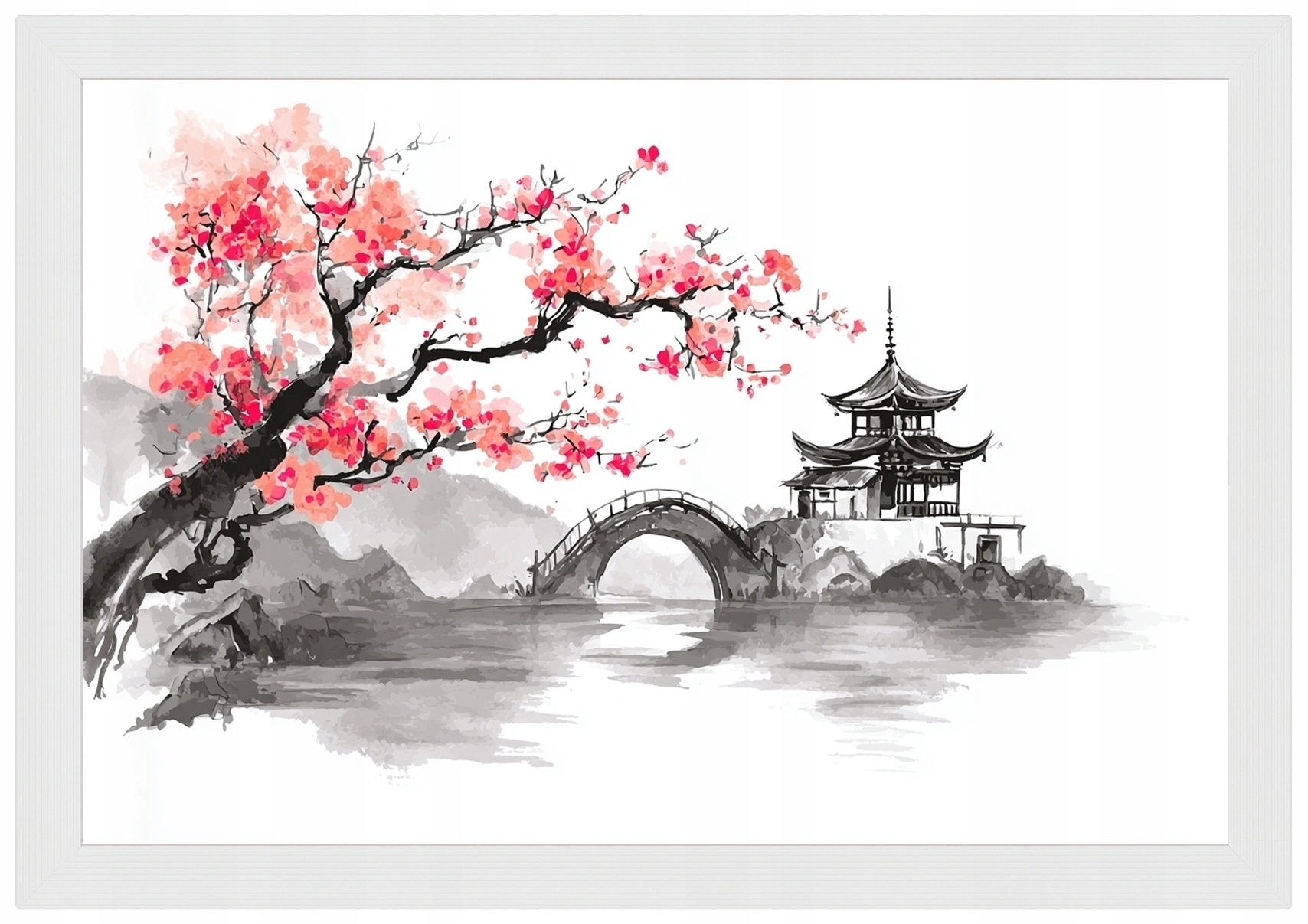 Plakát Rámeček Dřevo Asie Čína Pagoda Most Dřevo Višeň Sakura 60x40