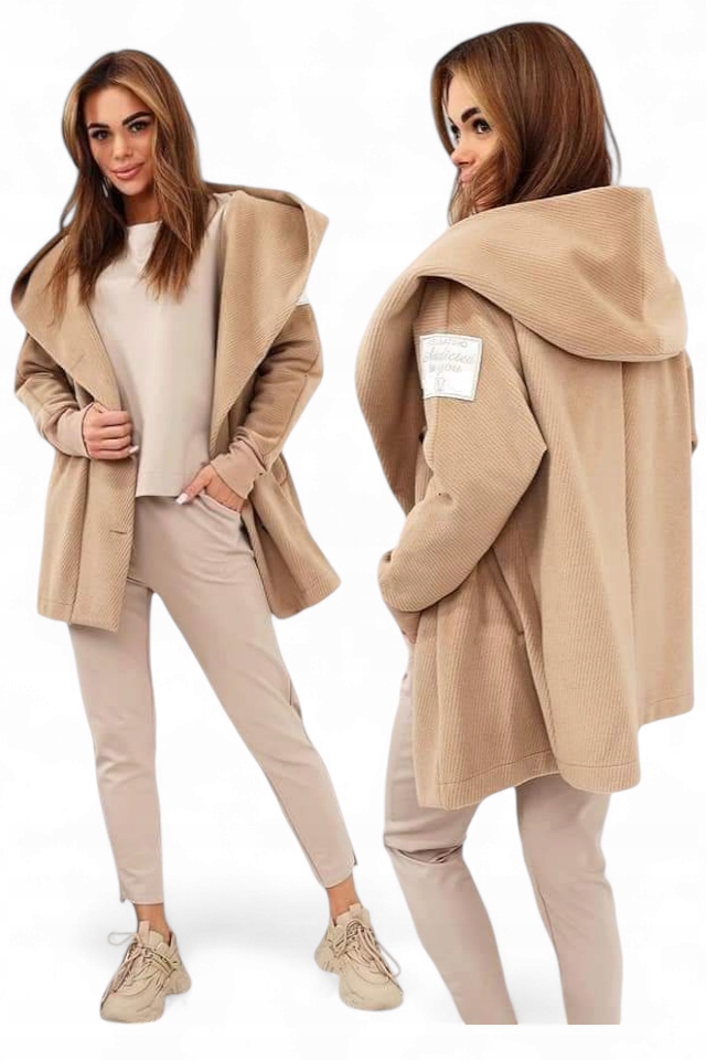 Kabát s kapucí Velsatino béžový. Velikost plus size 48, 50, 52