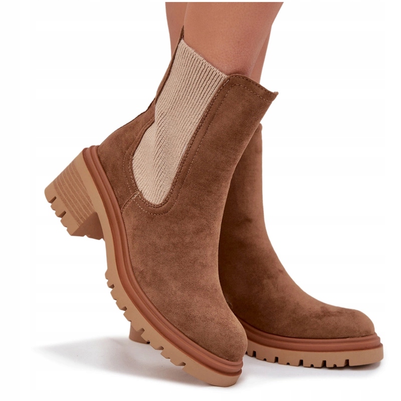 Kotníkové Boty Zateplené Podpatky Kostka Zip Eko Semiš Tmavě Béžová 37