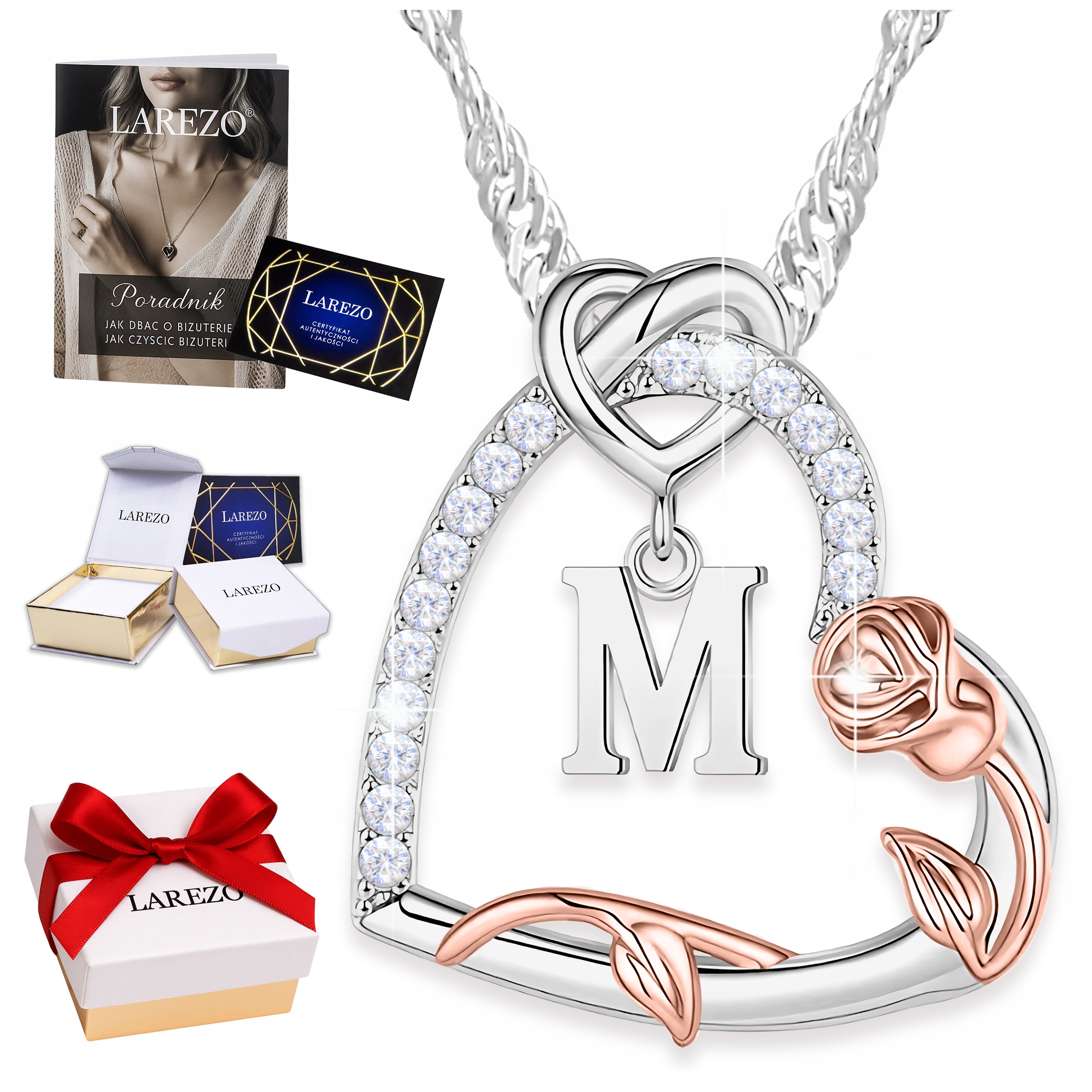 Náhrdelník Písmeno s zirkony Srdce Písmeno M Květina Růže Iniciál Stříbro 925