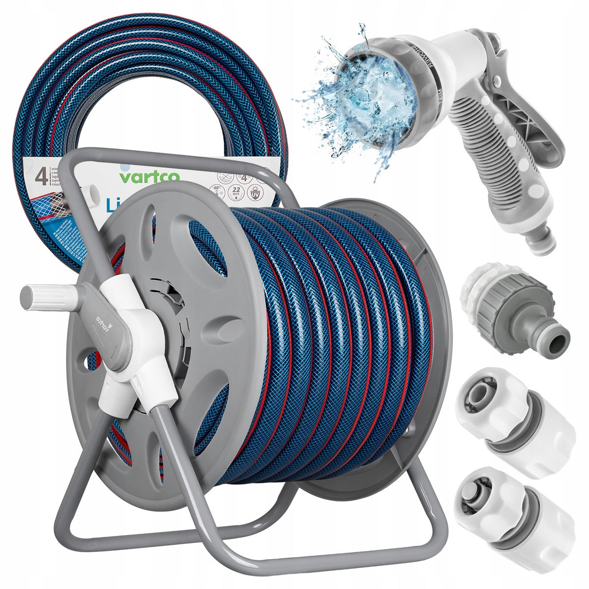 Wąż Ogrodowy Zbrojony Gumowy 50m 1/2 Cala Zwijacz 3 Złączki Zraszacz Zestaw