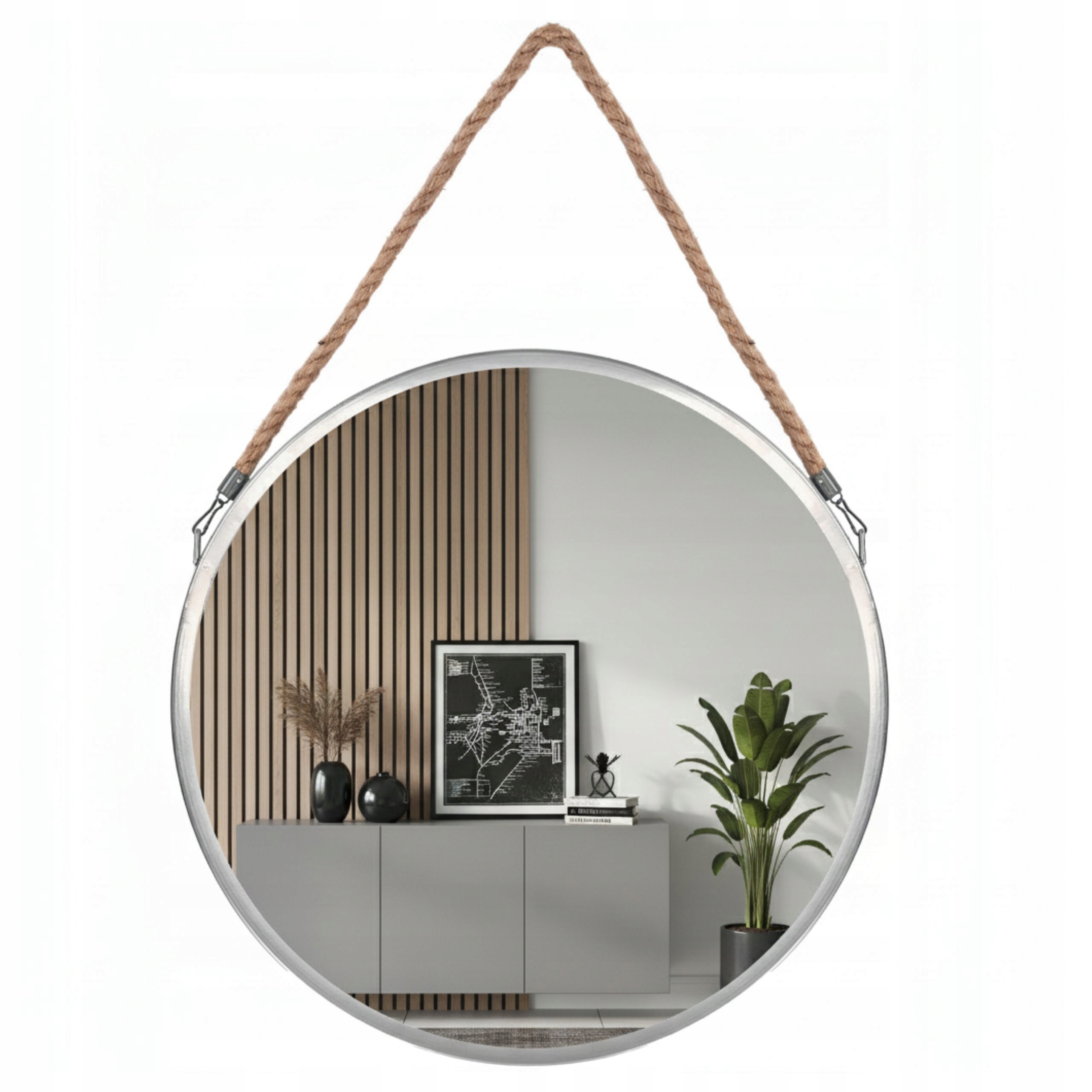 Zrkadlo Závesné Na Pásku Rea Klmh 40 cm Okrúhle Na Jutovom Šnúre Strieborné