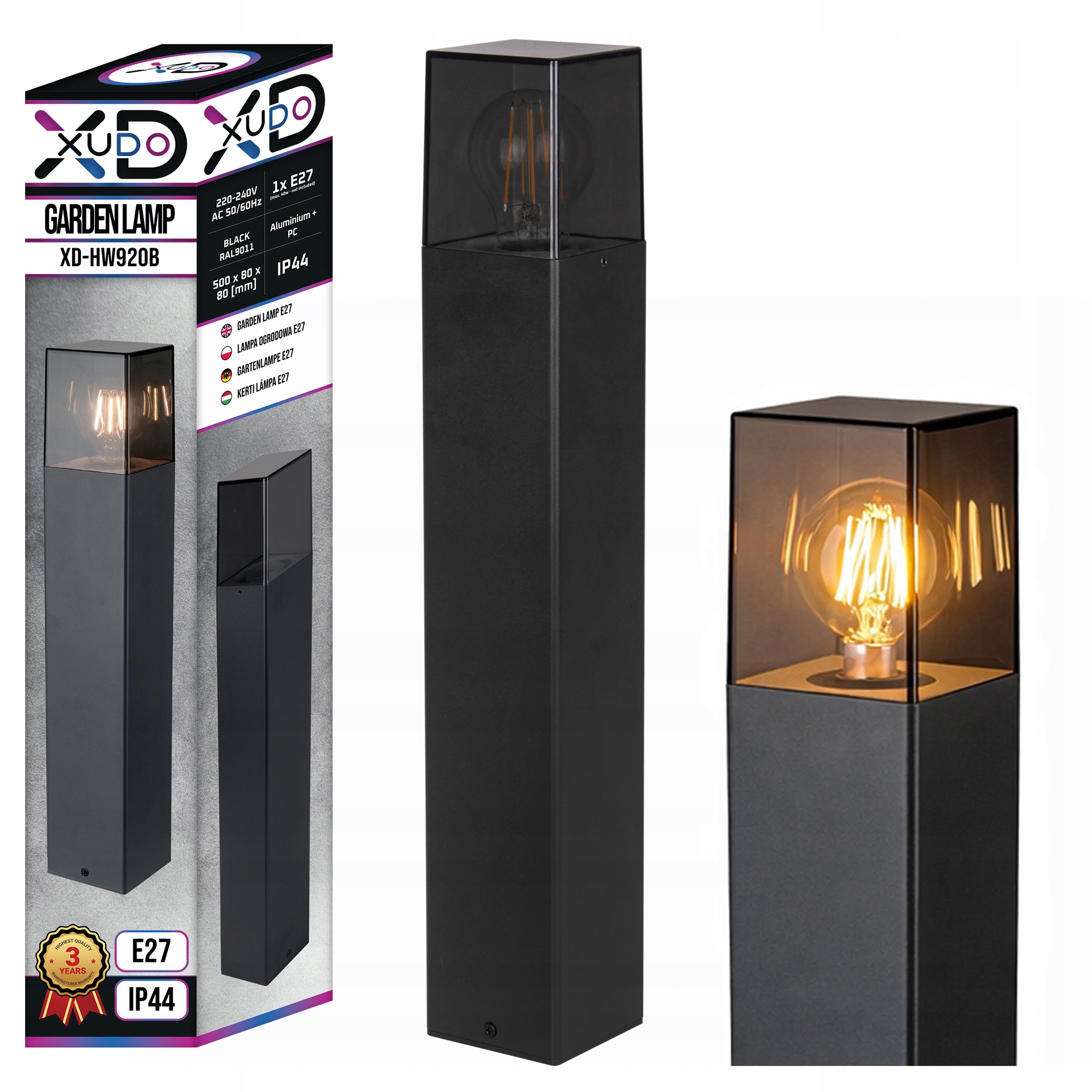 Stojací zahradní lampa s venkovním sloupkem E27 50 cm, čtvercová, černá