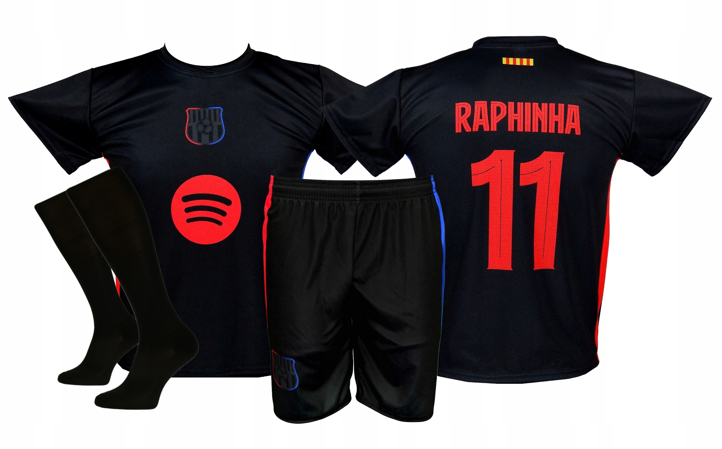 Raphinha strój piłkarski koszulka, spodenki getry Czarny roz. 122