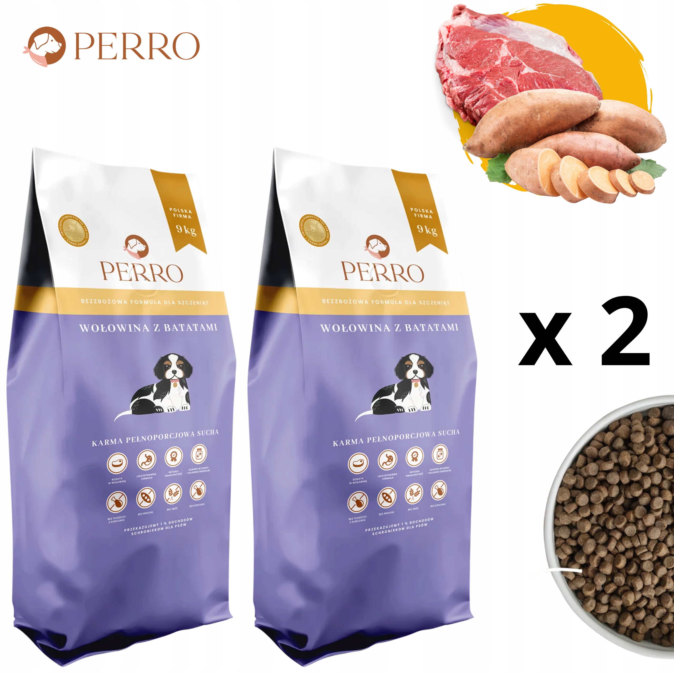 Levně 2x Perro Krmivo bezobilné hovězí maso s batáty pro štěně 9 kg Junior