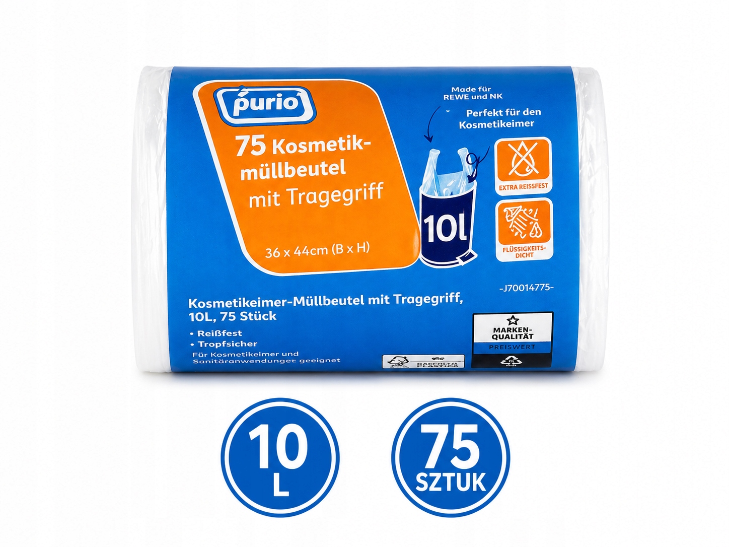 Worki na śmieci 10L PURIO z uszami 75 szt. Mocne, szczelne, wytrzymałe