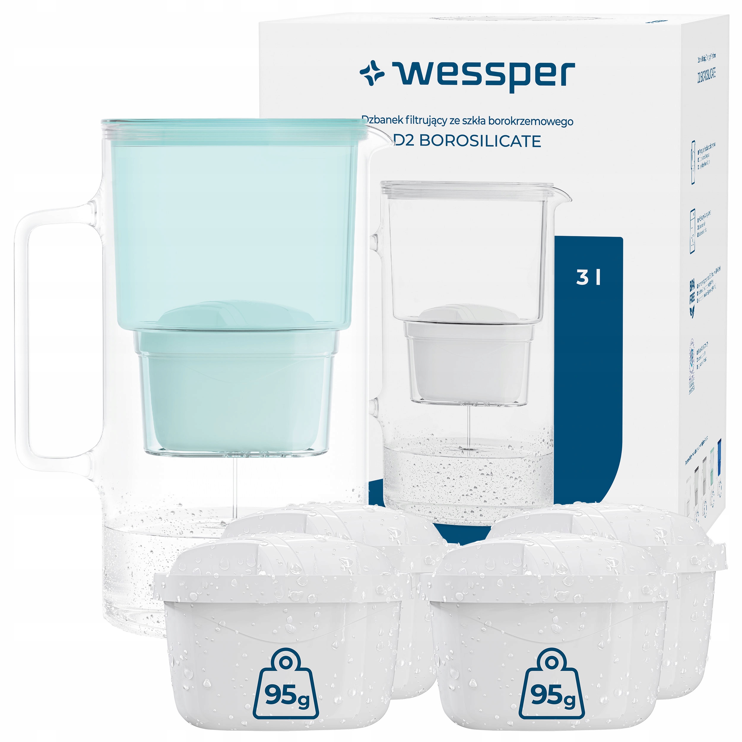 Filtrační Skleněná Konvice Wessper D2 Borosilicate 3l 5x filtr aquamax