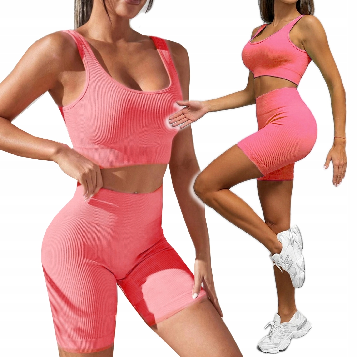 Sportowy Komplet Fitness Siłownia Prążkowany Modelujący Kolarki Top 2/3XL