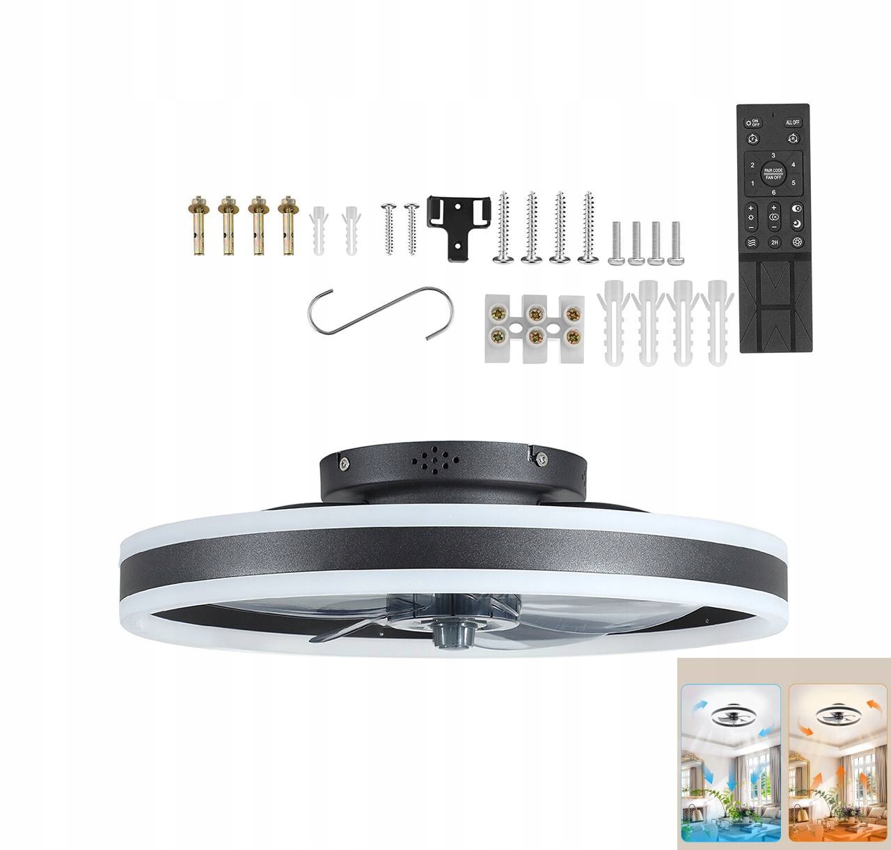Moderní inteligentní Led stropní ventilátor s lampou a dálkovým ovládáním, černý