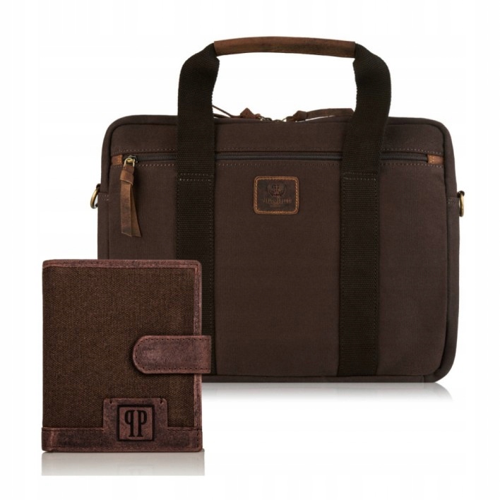 Pánská hnědá peněženka a pánská taška na notebook – módní sada