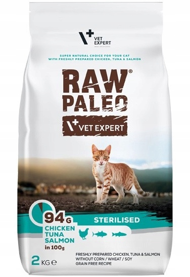 Raw Paleo karma sucha Sterilised Cat kurczak, tuńczyk, łosoś- 2kg