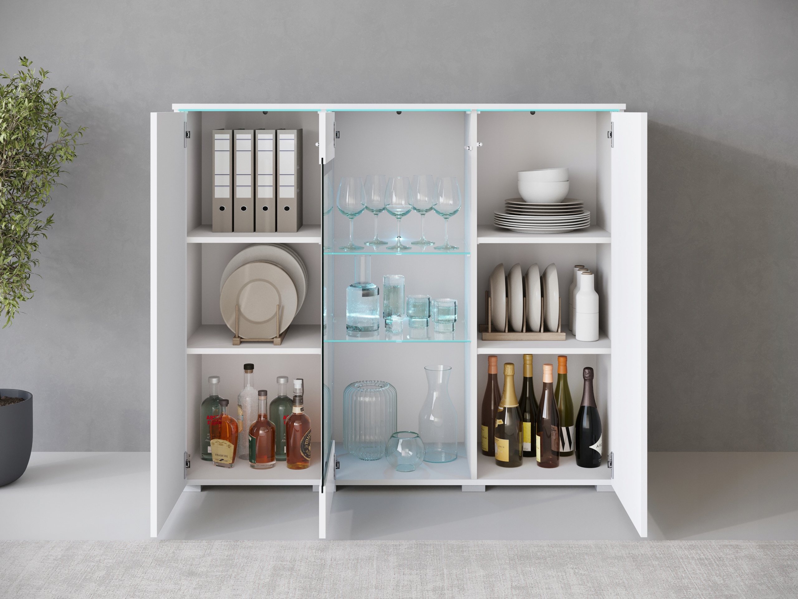 Nowoczesna szeroka witryna, highboard, komoda VERA 120 cm, szklane półki