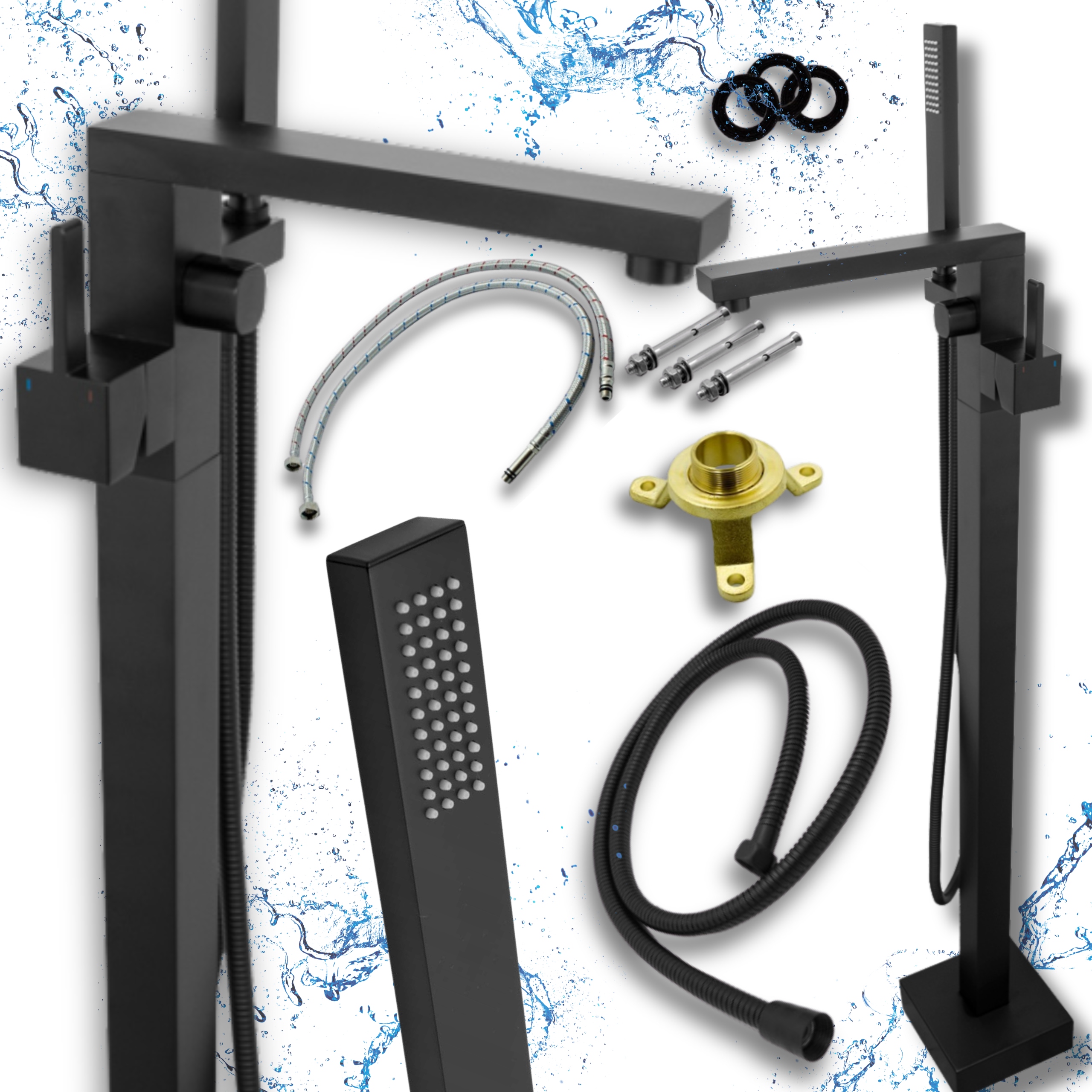 Volně stojící vanová baterie do vany černá Koupelnová s dlouhým výtokové ramínko