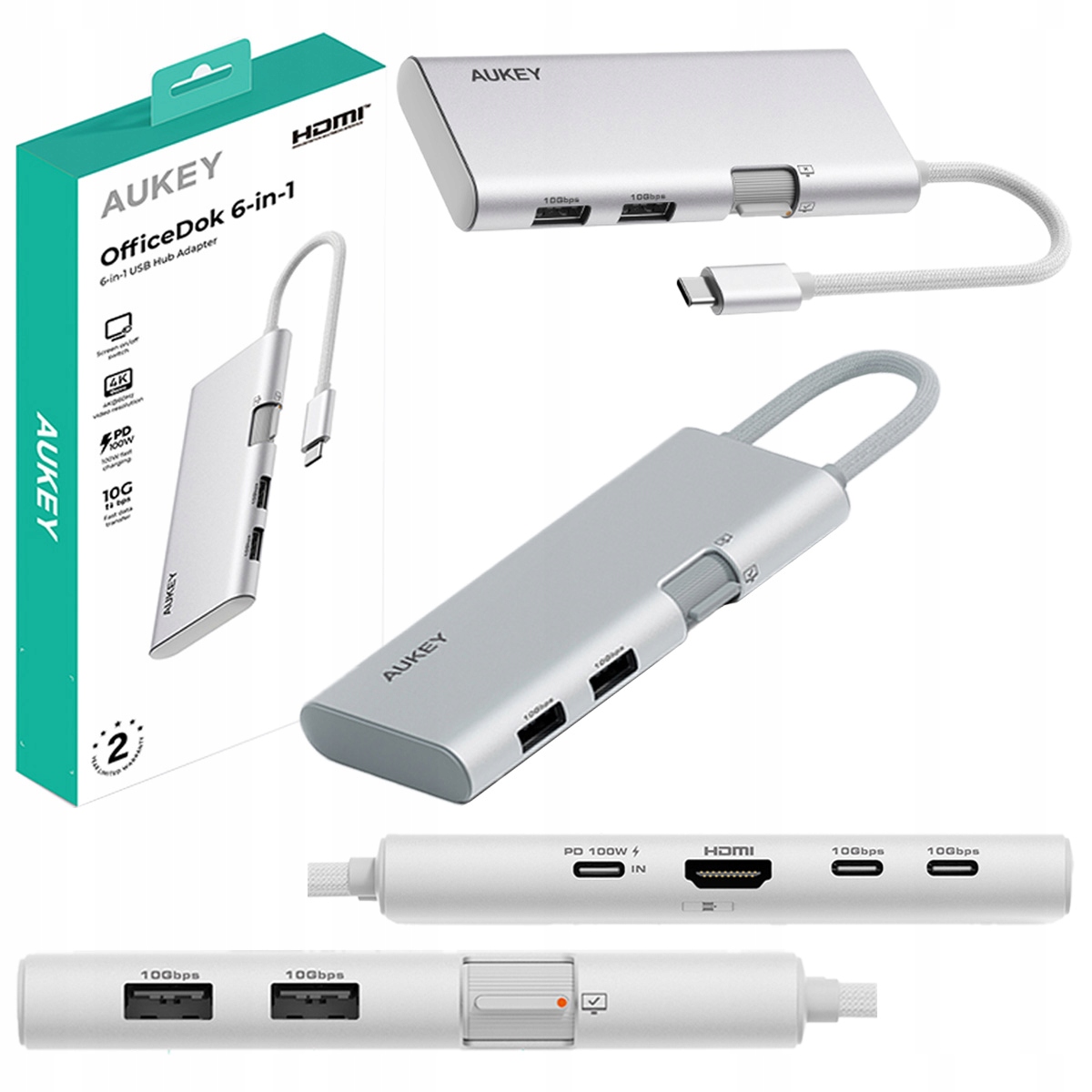 Aukey Hub OfficeDok 6w1 Adapter stacja dokująca Usb 100W Hdmi 4K 10 Gb/s