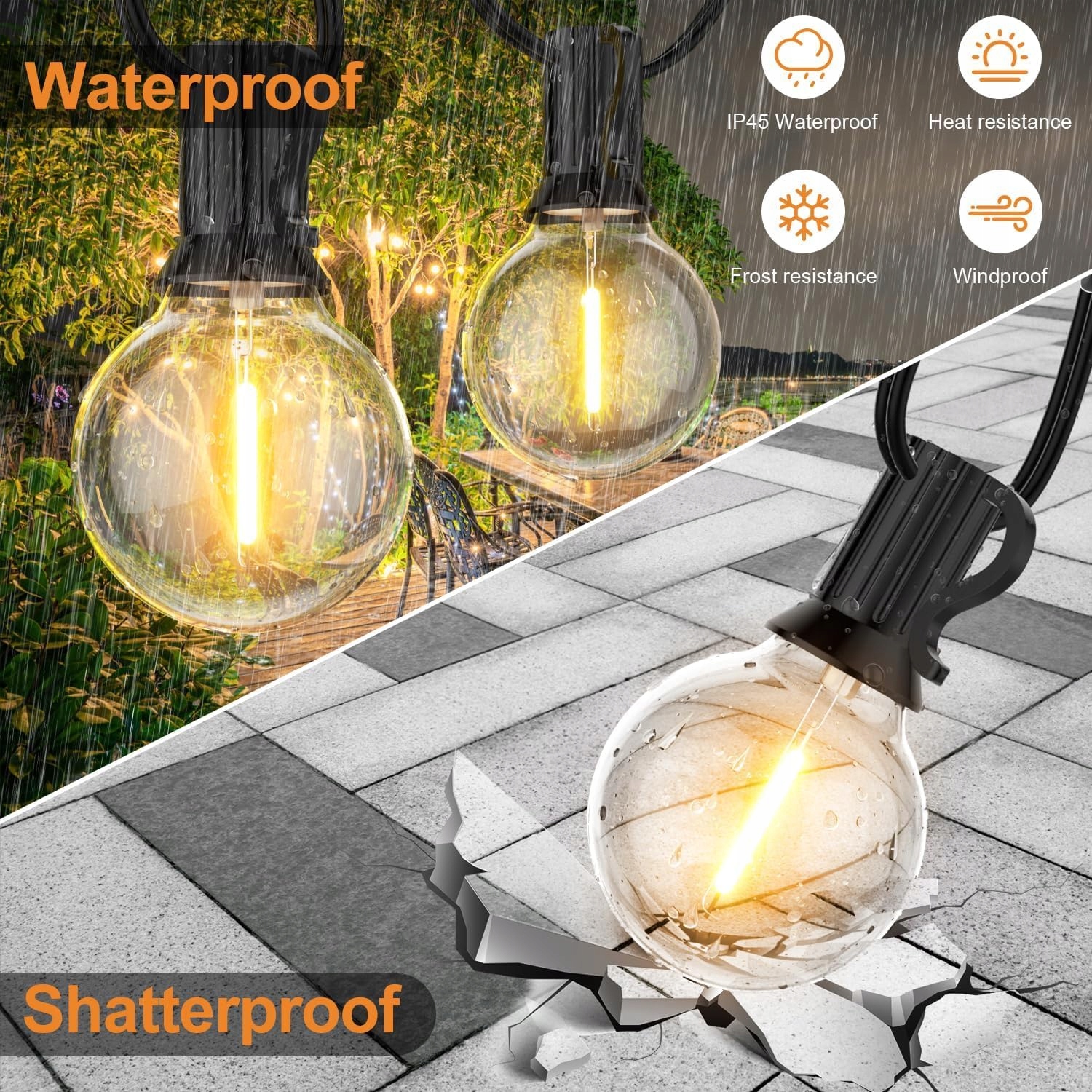 LED LAMPKI OGRODOWE 45M IP45 WODOODPORNE 75 G40 ŻARÓWEK CIEPŁY BIAŁY — miniatura 5