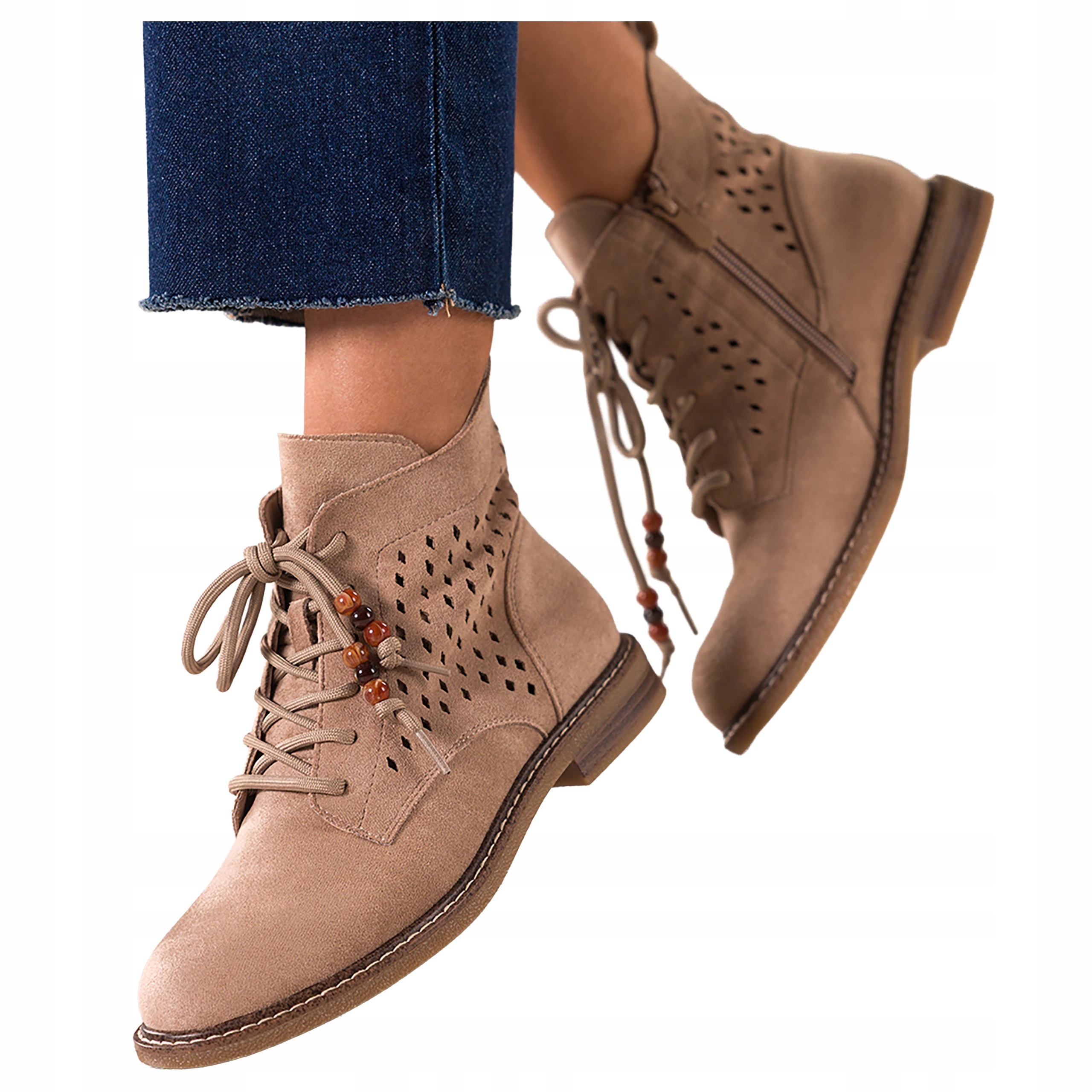 Béžové dámské kotníkové boty Módní Ažurové Šněrovací Ozdobné Korálky Ploché vel 38