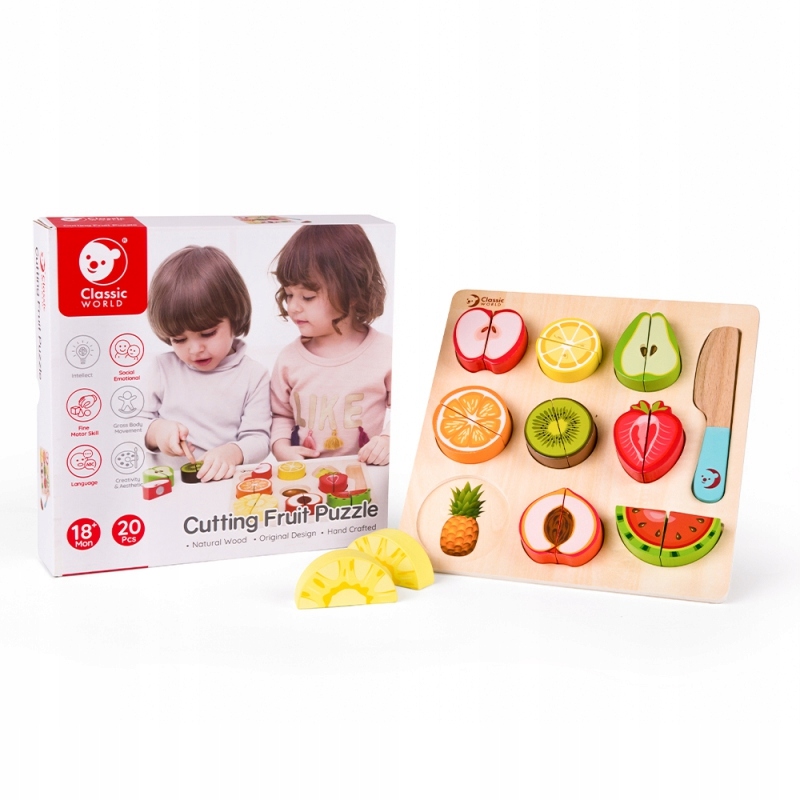 DREWNIANY ZESTAW DO KROJENIA OWOCÓW CLASSIC WORLD NÓŻ 20 EL. 18M+ EDUKACJA Wiek dziecka 12 m +