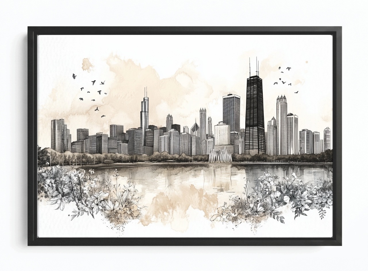 Obraz Rama American Box Město Panorama Chicago Willis Tower Skica 120x80