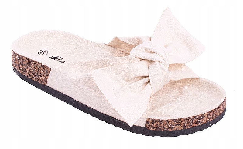 2861 BEŻOWE ZAMSZOWE KLAPKI Z KOKARDĄ KOREK 39