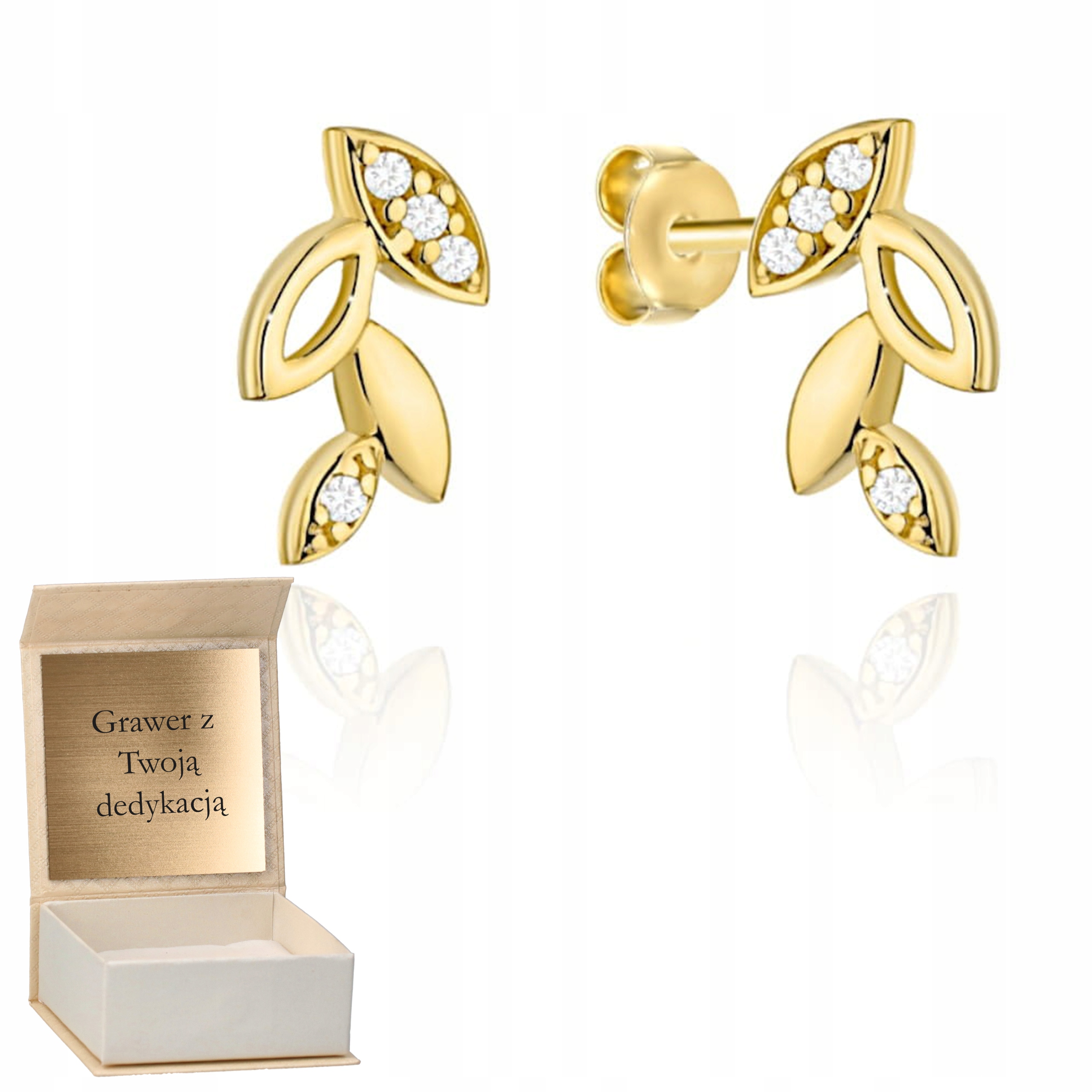 Zlaté náušnice Lístky s zirkony na tyči zlato ryzost 585 Gravírování