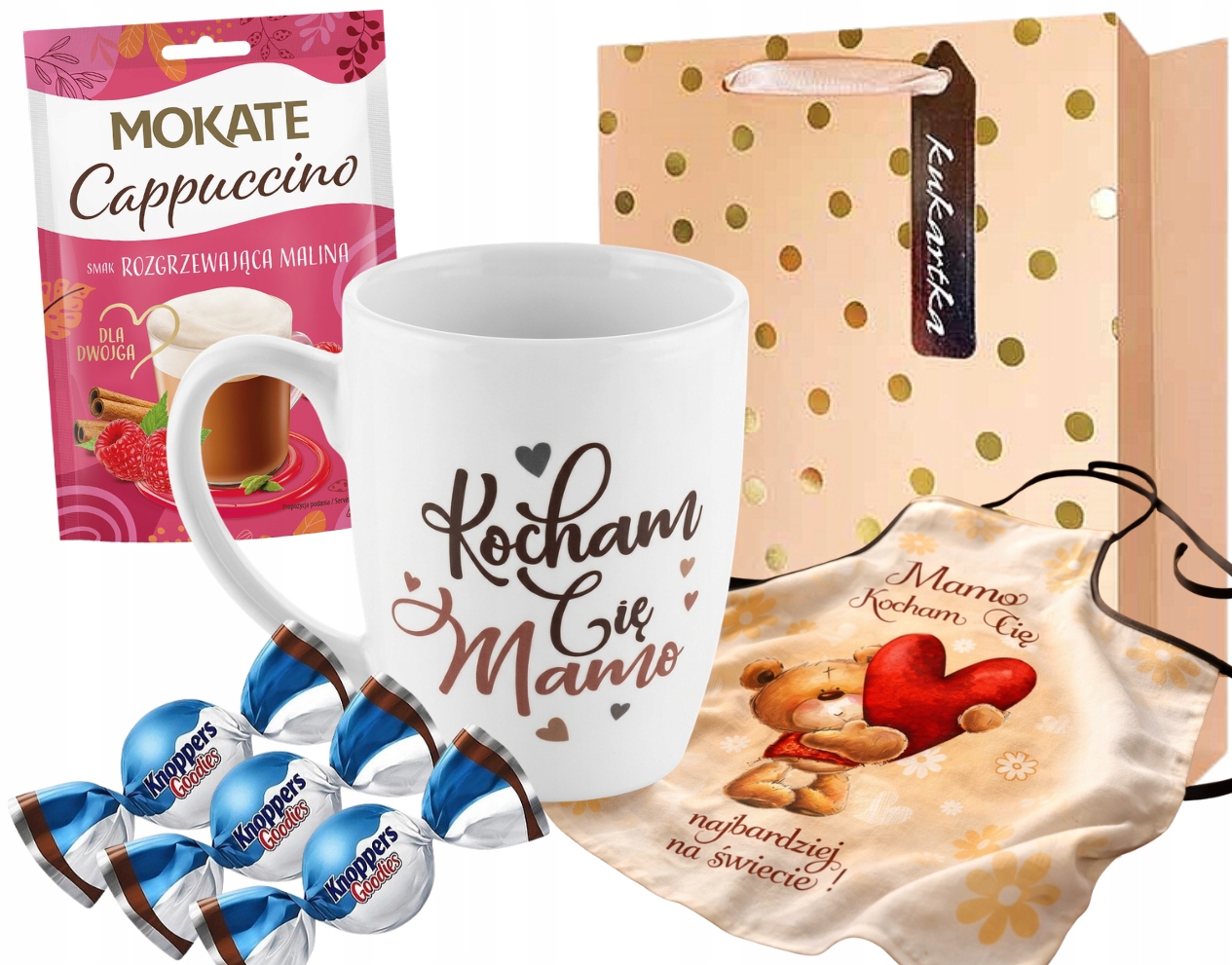 Hotový Dárek pro maminku ke Dni matek Zástěra Hrnek Bonbóny Cappuccino