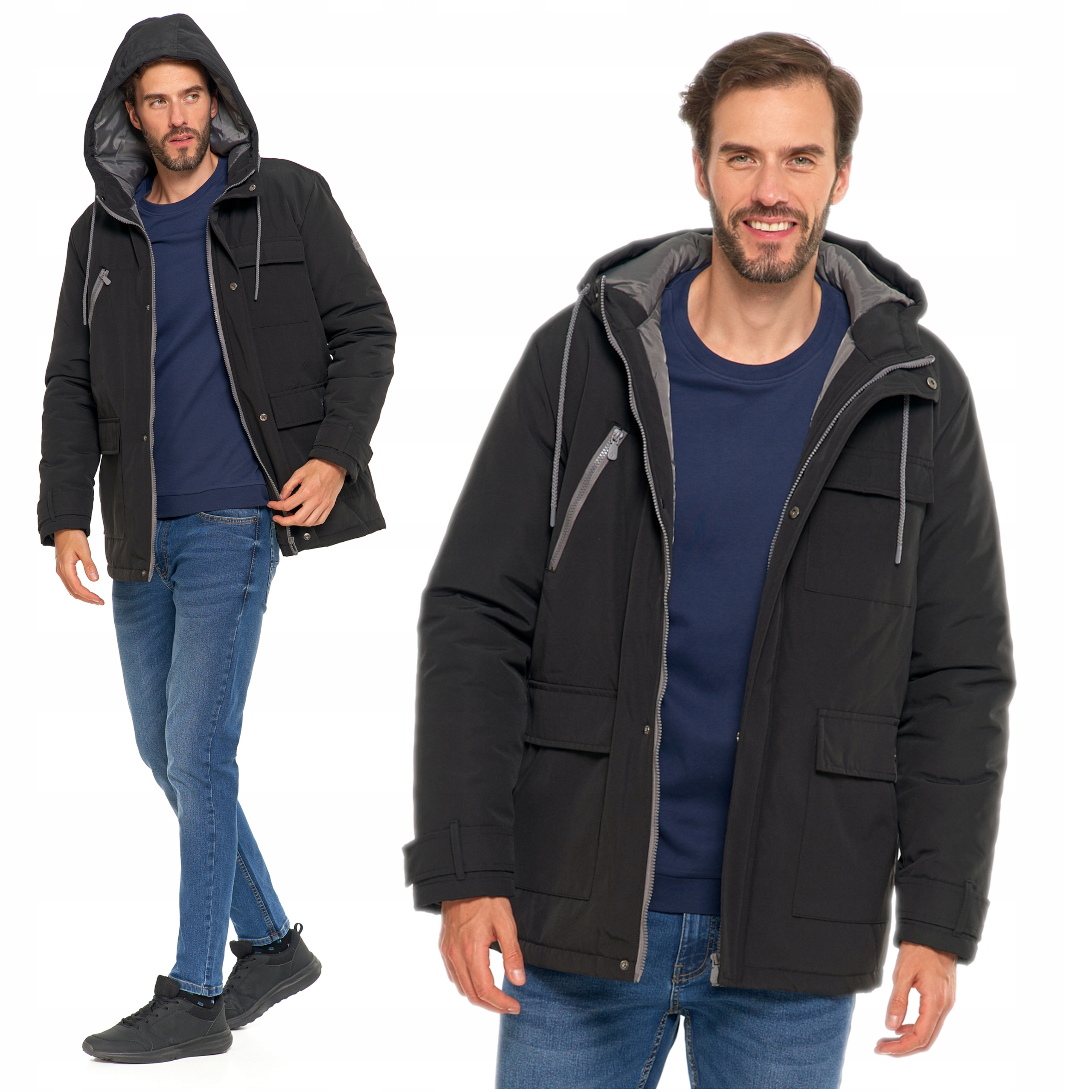 Zimní Bunda Pánská s kapsami a kapucí Teplá Módní Pohodlná Moraj XXL