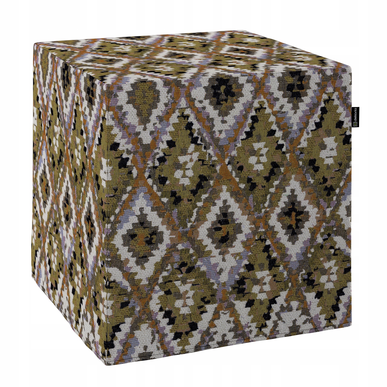 Taburet kostka 40 x 40 x 40 cm s krémovými aztéckými vzory na olivovém pozadí