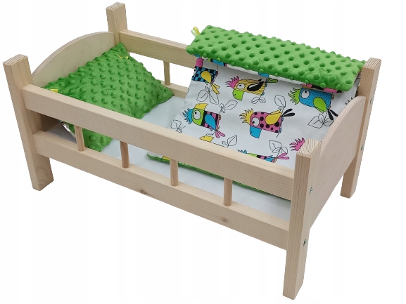 ŁÓŻECZKO DREWNIANE dla lalek POŚCIEL MINKY+BAWEŁNA