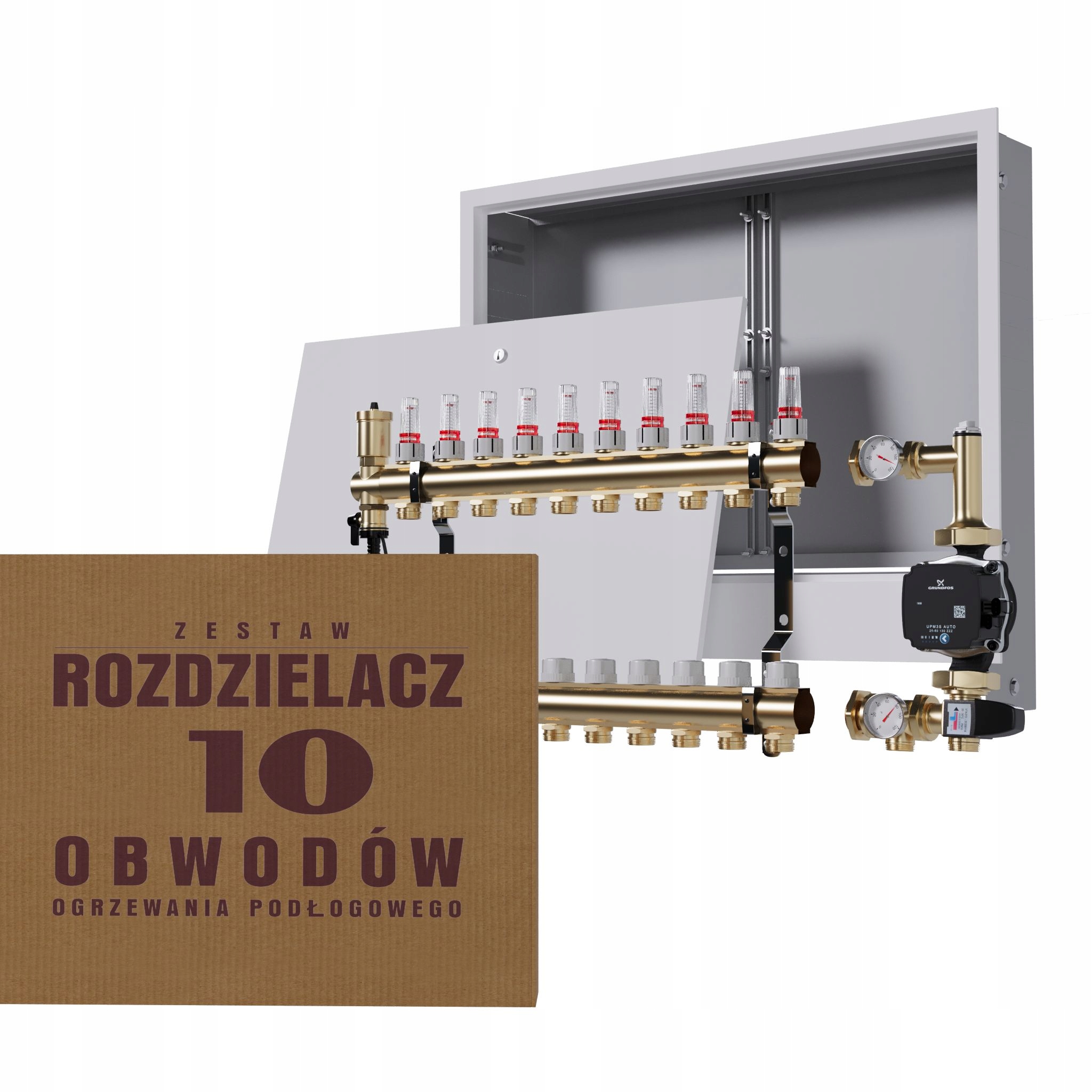 Rozdělovač pro podlahovou krytinu s 10 okruhy a skupinou Grundfos podomítková skříňka