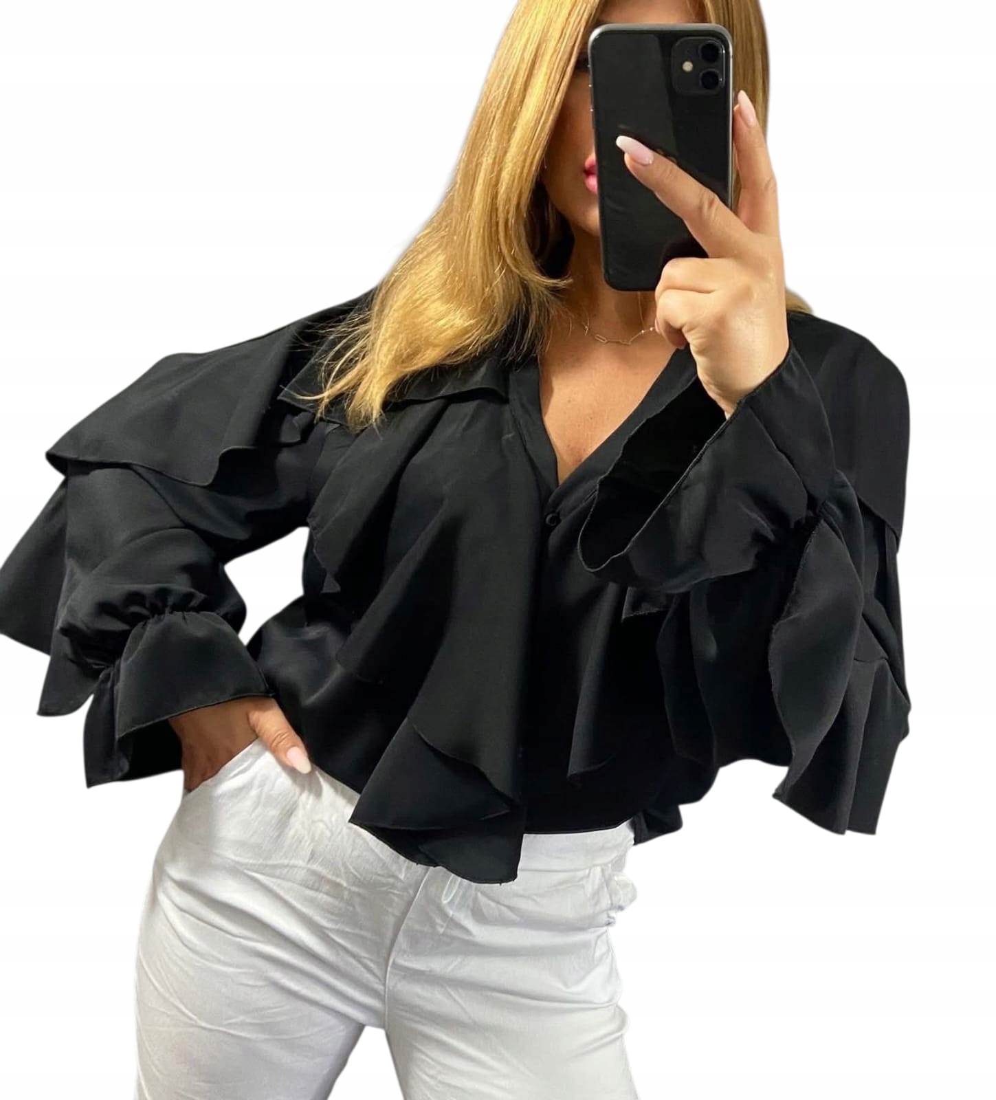 Elegantní košilová halenka s žabákem, černá Plus Size, velikost 48, 50, 52