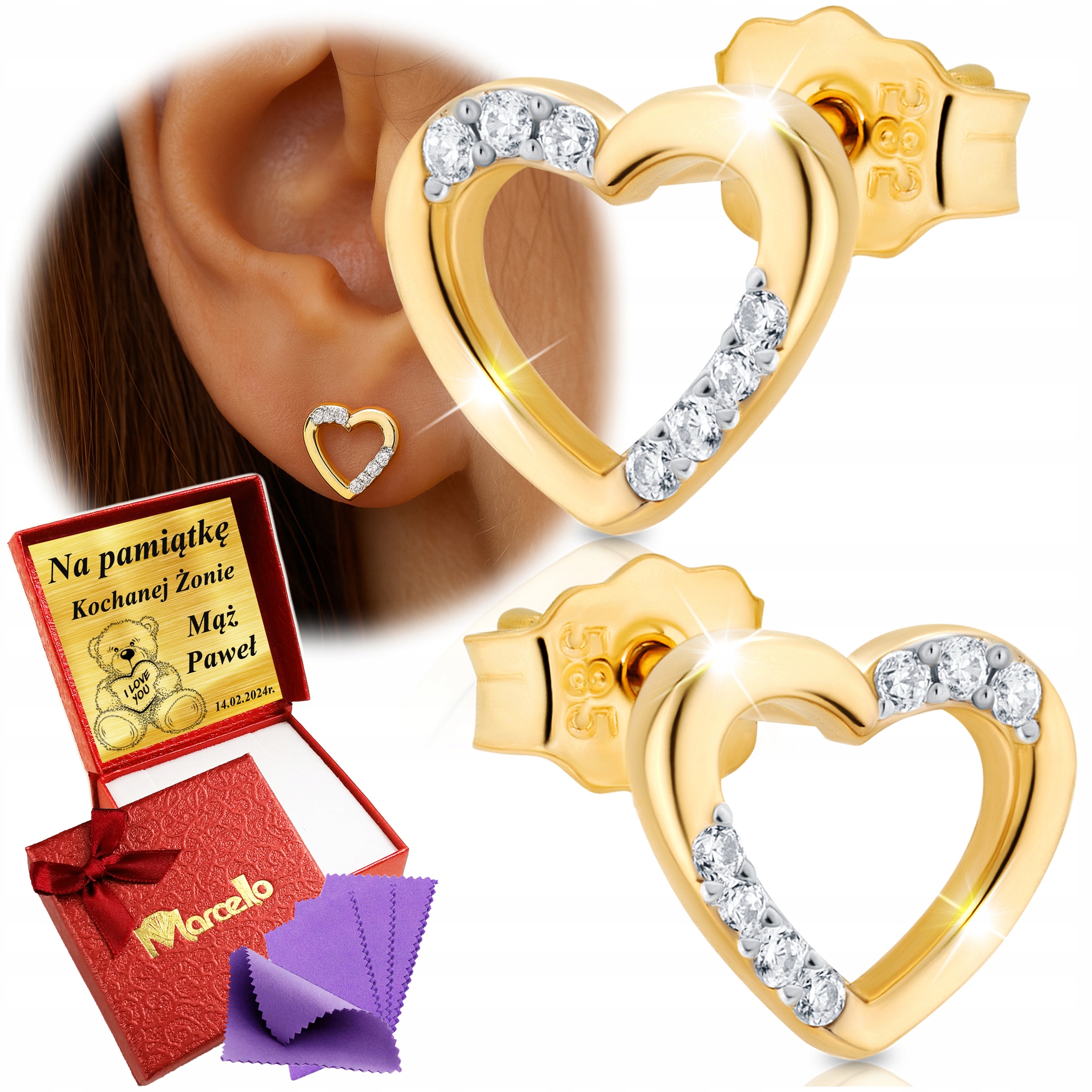 Złote Kolczyki Serca z Cyrkoniami 333 Dla Kobiety z Grawerem