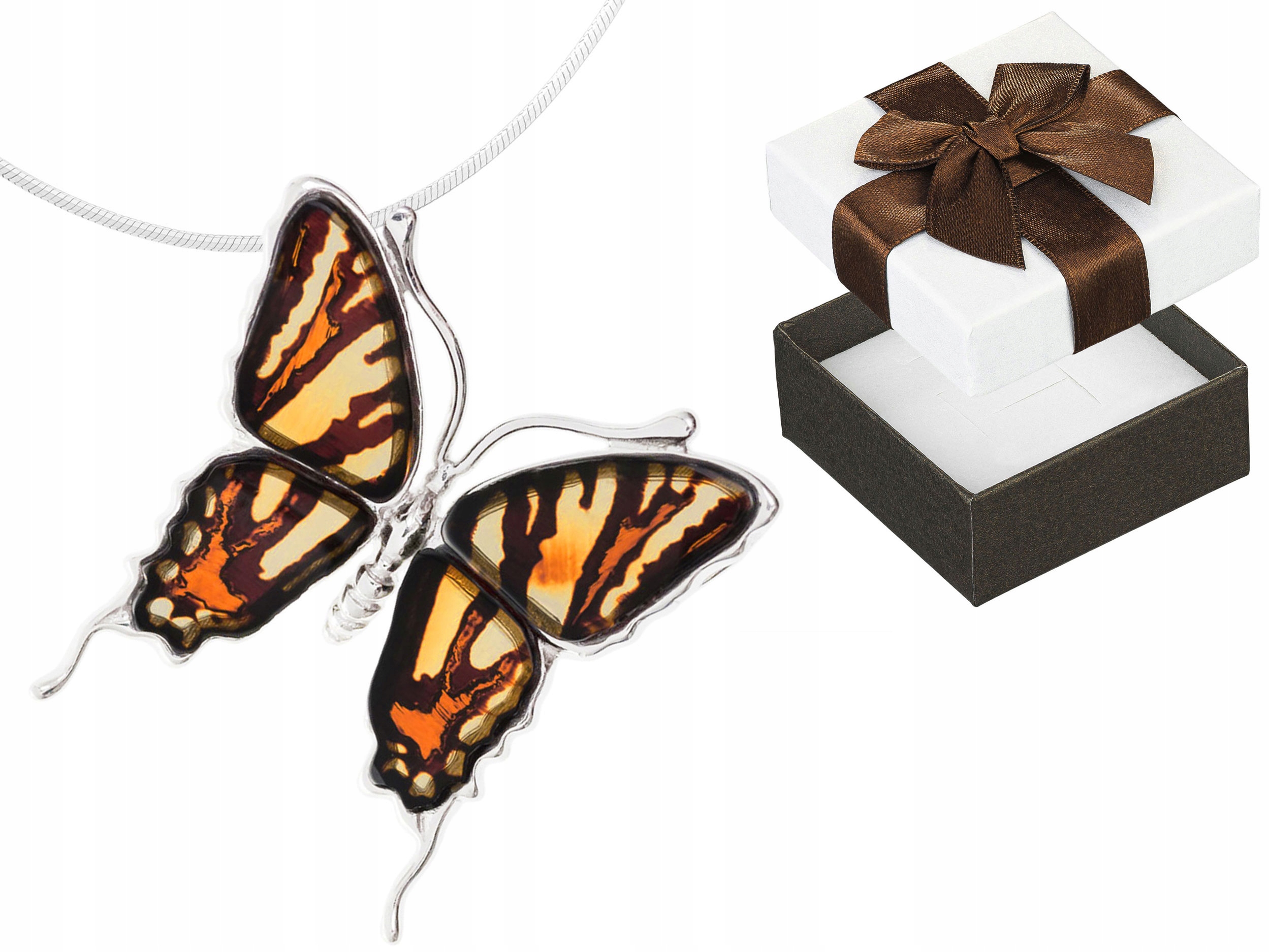 Dlouhý stříbrný dámský náhrdelník Velký motýl Gravírovaný jantar Stříbro 75