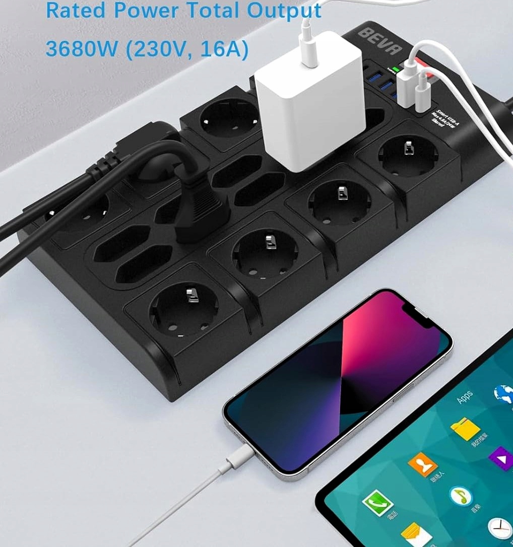 LISTWA ANTYPRZEPIĘCIOWA ZASILAJĄCA 24w1 3680 W 18 GNIAZD 4 USB-A + 2 USB-C Długość przewodu 1.5 m