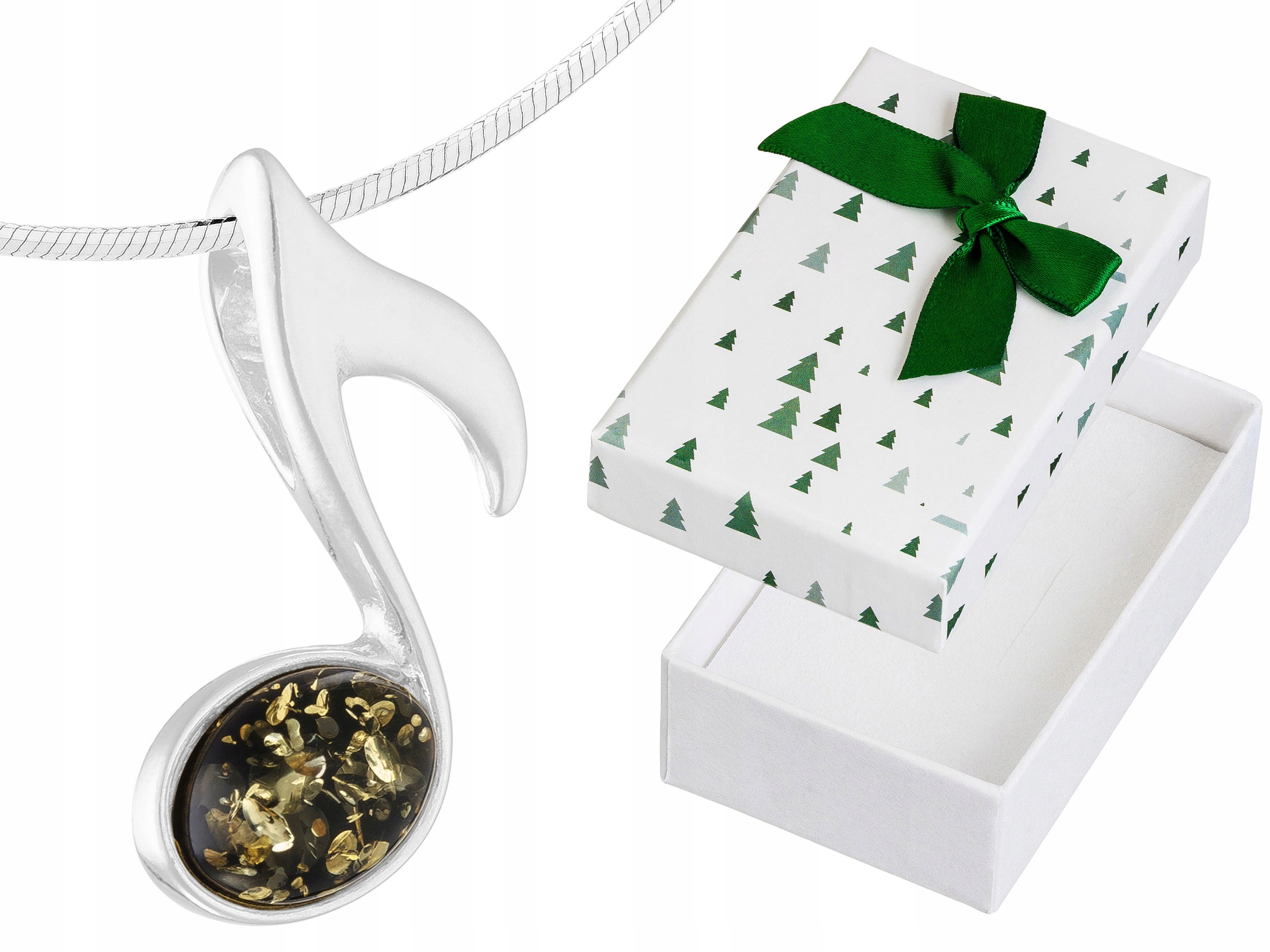 Dlouhý Stříbrný Náhrdelník Notička se Zeleným Jantarem Notička Osmička Stříbro 80