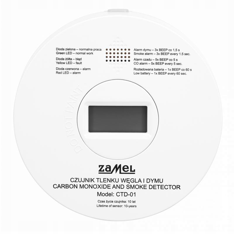 Detektor oxidu uhelnatého a kouře s vestavěnou baterií CTD-01 Zamel Životnost 10 l