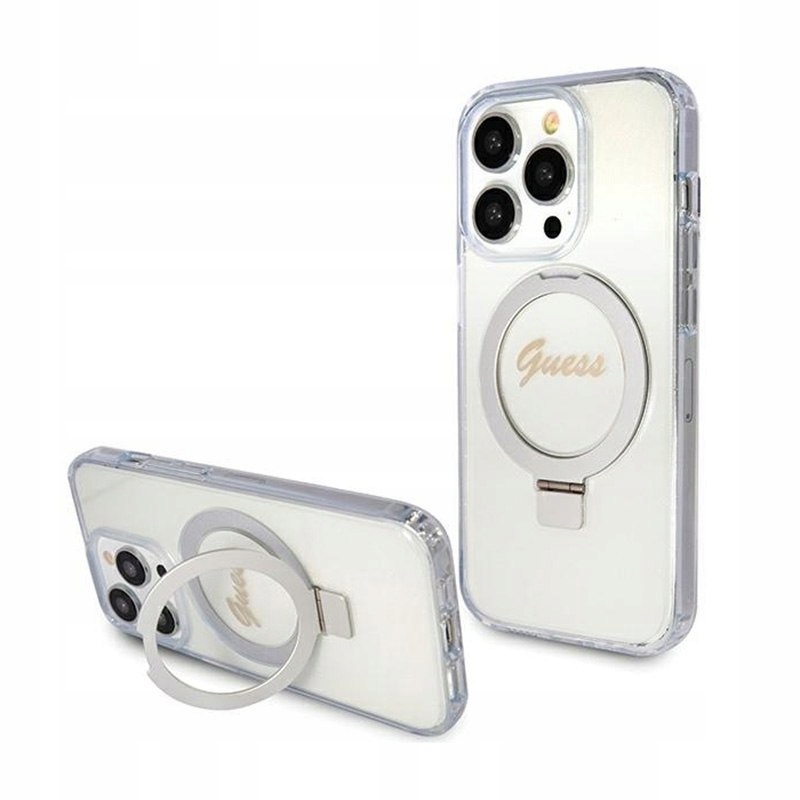 Guess stojánek na prsteny s třpytivým potiskem MagSafe Pouzdro na iPhone 15 Pro průhledný