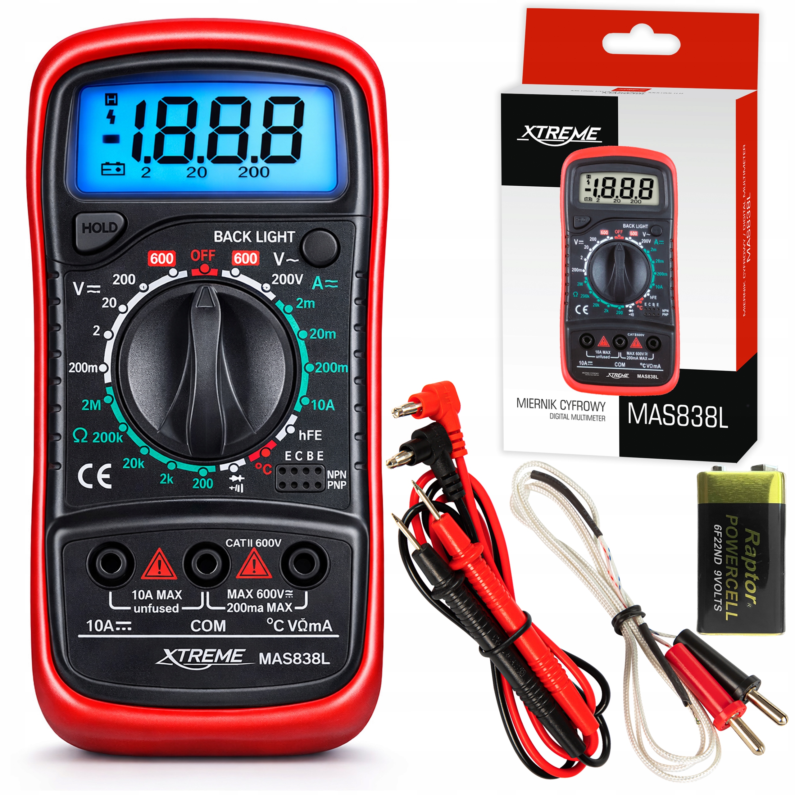 MULTIMETR RĘCZNY CYFROWY XTREME MAS838L MIERNIK TESTER NAPIĘCIA PRĄDU LCD