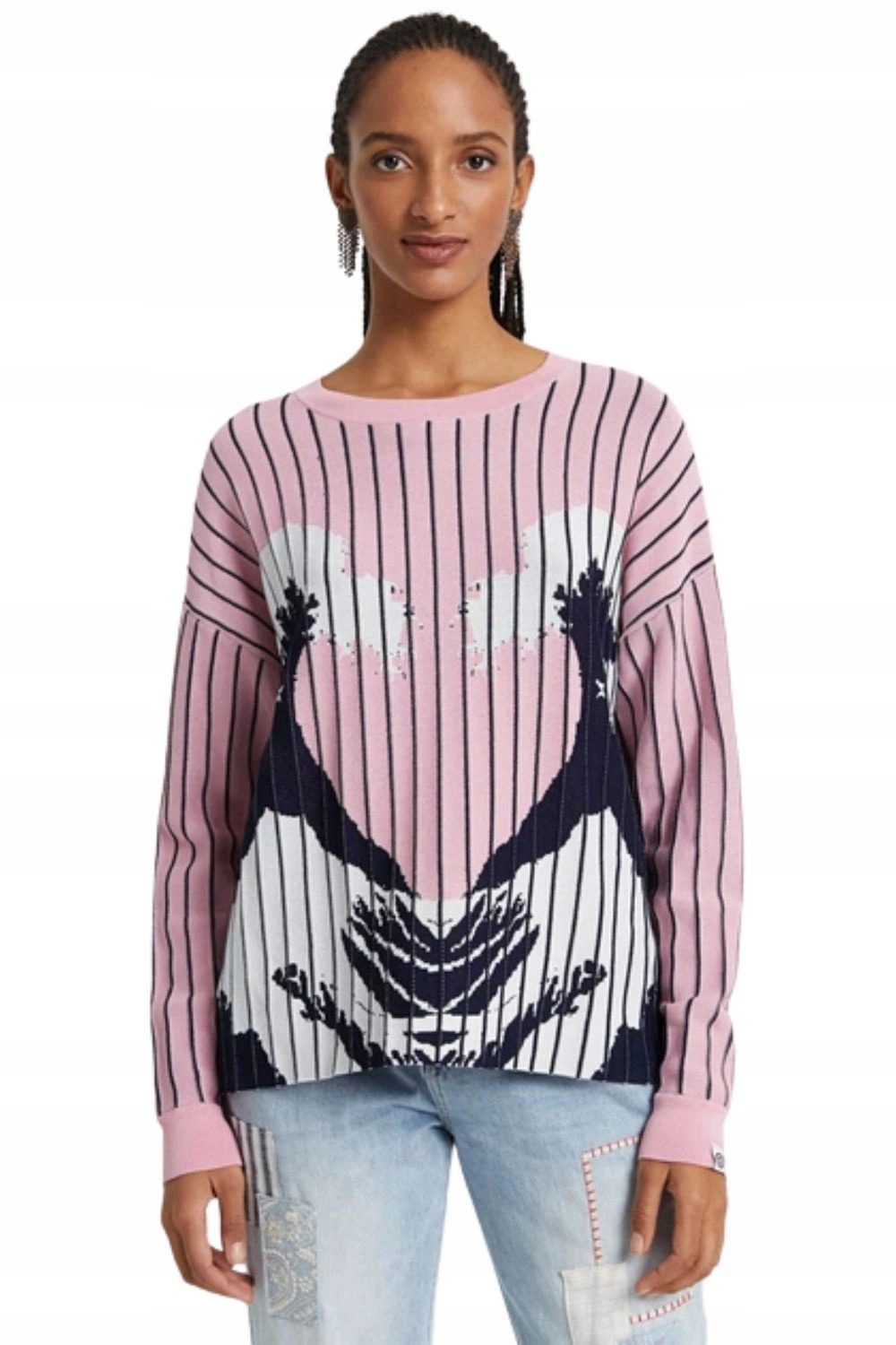 Dámský svetr Desigual volný, růžový, z viskózy, klasický, volný, vel.