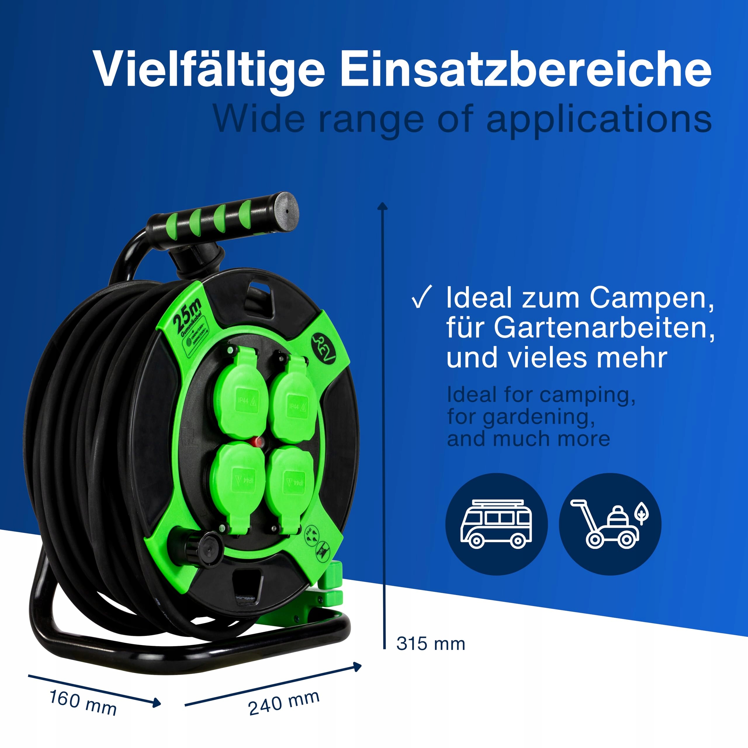 REV Kabel Bębnowy 25m H05RR IP44 3000W Do Użytku Zewnętrznego 4 Gniazda — miniatura 6