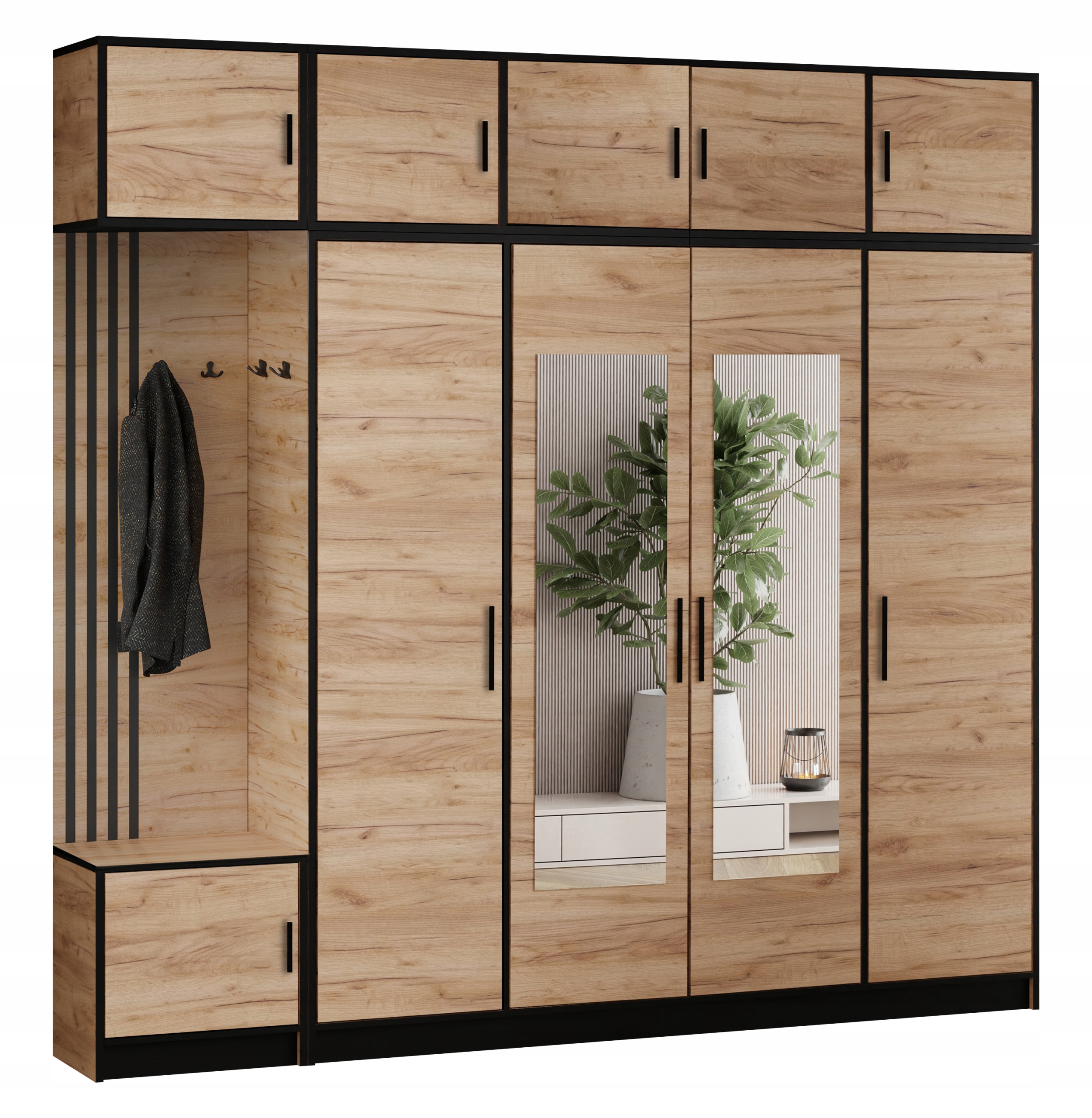 Šatní skříň Dior 15 Dub Craft Zlatý lamelový sedák se zrcadlem a nástavcem