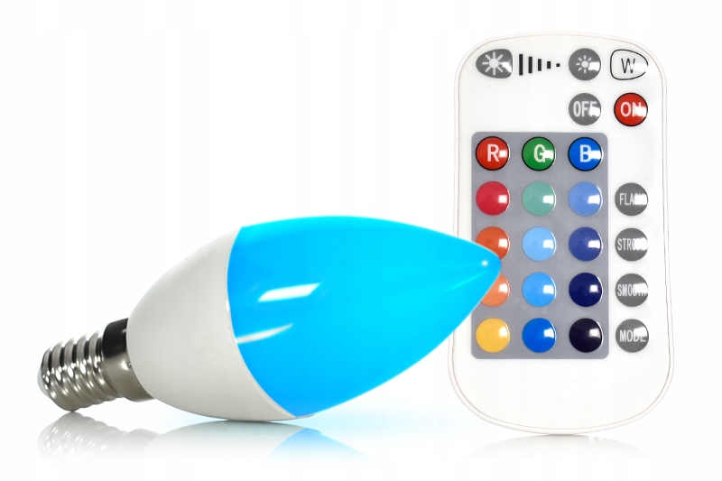 KOLOROWA ŻARÓWKA LED E14 RGB KOLORY CIENKI CHUDY GWINT RGB + W PILOT CIEPŁA Marka bez marki