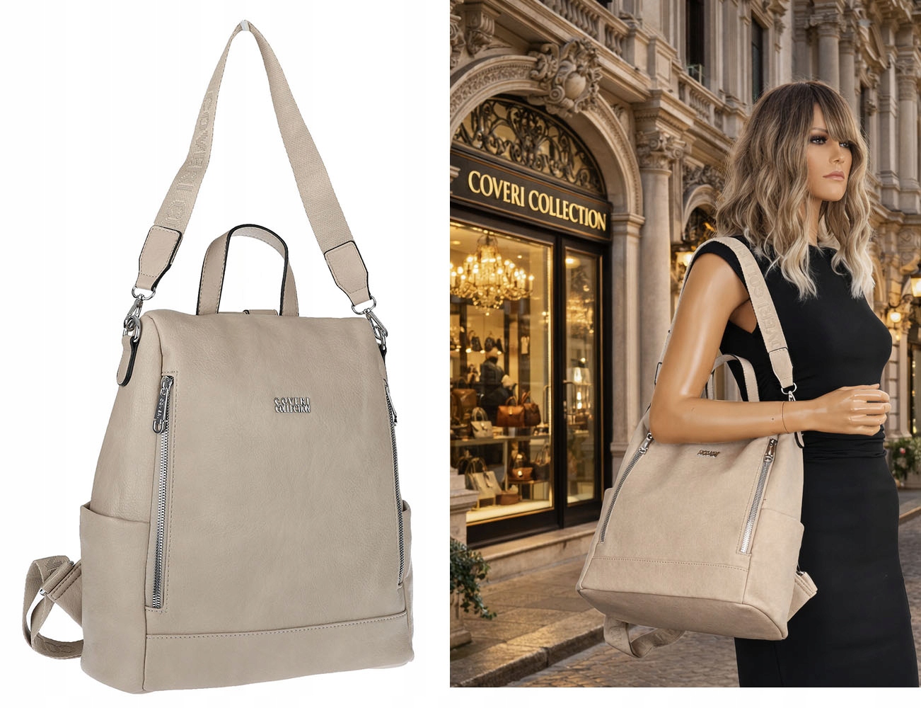 Torebka Damska Włoskiej marki Coveri Collection Plecak 2w1 CC028 Beżowa
