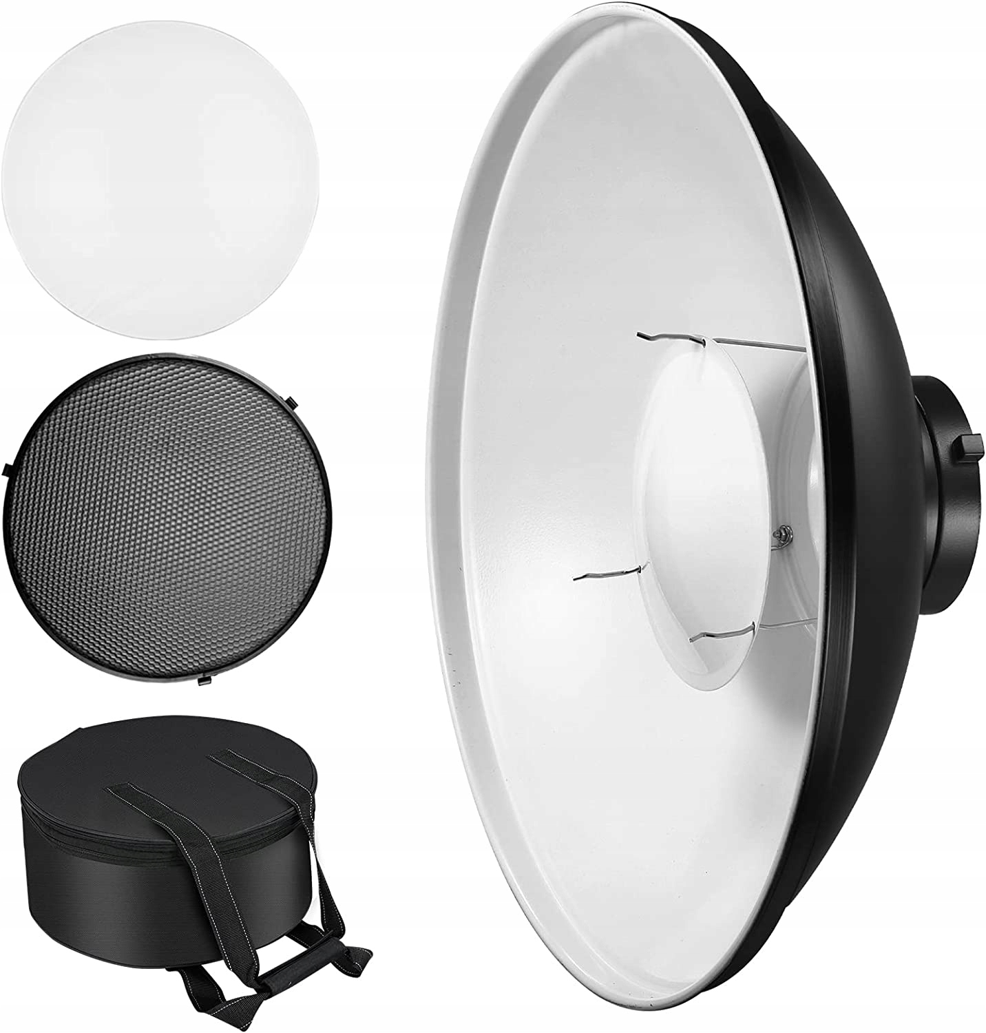 Beauty Dish 42 cm Bowens – stříbrný reflektor, Medová Plástev, Difuzér a taška