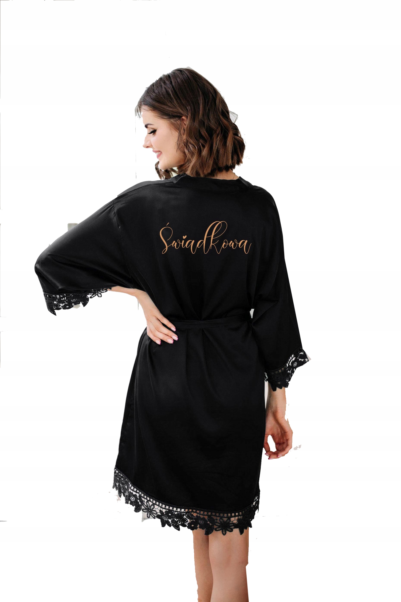 Černý župan se svědeckou krajkou, saténový, elegantní, univerzální družička