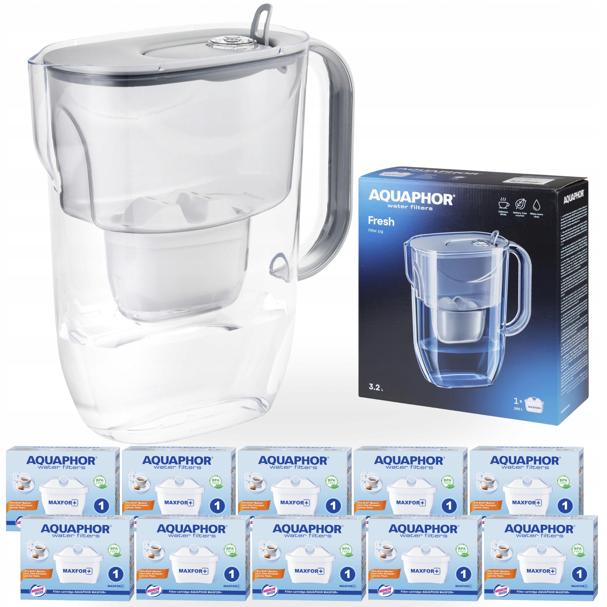 Filtrační konvice na vodu Aquaphor Fresh 3,2L Šedá s 10 vložkami Maxfor+