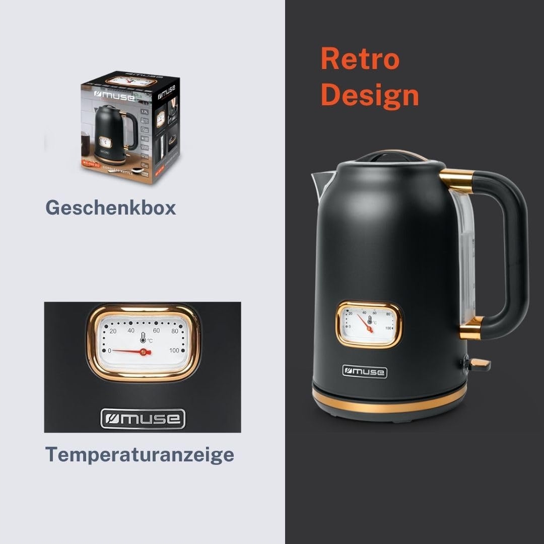 MUSE Retro Czajnik Elektryczny Stalowy 1,7L Analogowy Termometr Filtr Czarn — miniatura 4