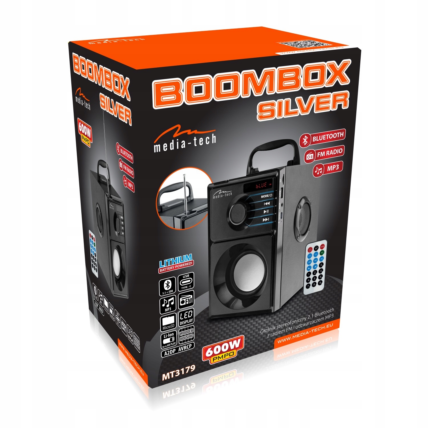 GŁOŚNIK BEZPRZEWODOWY BLUETOOTH RADIO BOOMBOX BT NA BUDOWĘ W PLENER Marka Media-tech