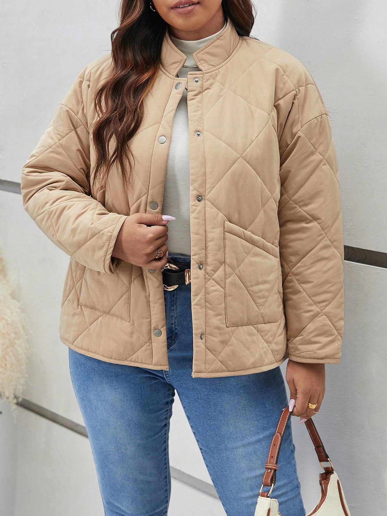 Přechodová Prošívaná Bunda Se Stojáčkem Khaki Casual Shein 3XL 46
